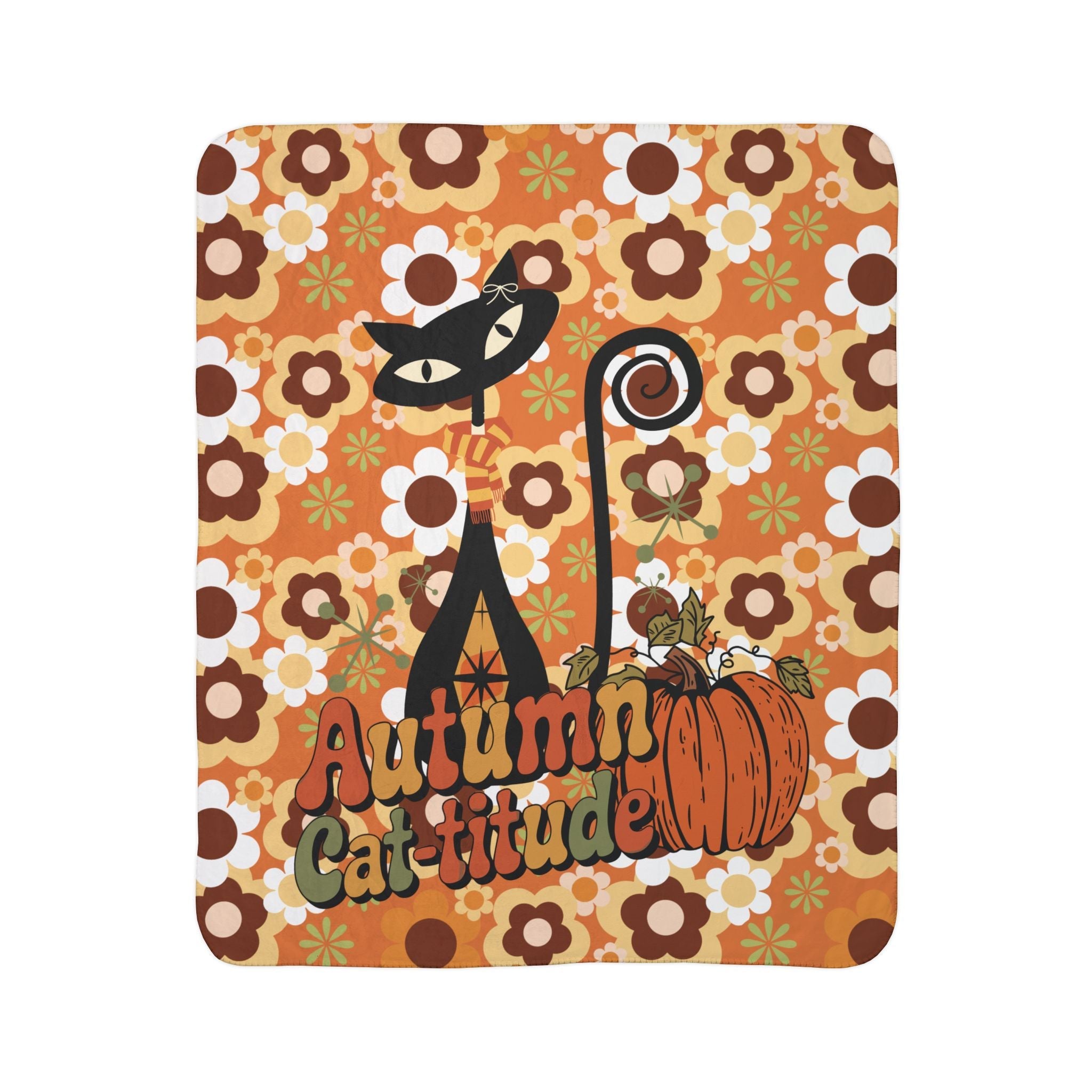 Kate McEnroe New York Groovy Atomic Kitsch Cat Fall Sherpa Fleece Blanket, Retro 70s Fall Pumpkin DecorBlankets26594521929028746950