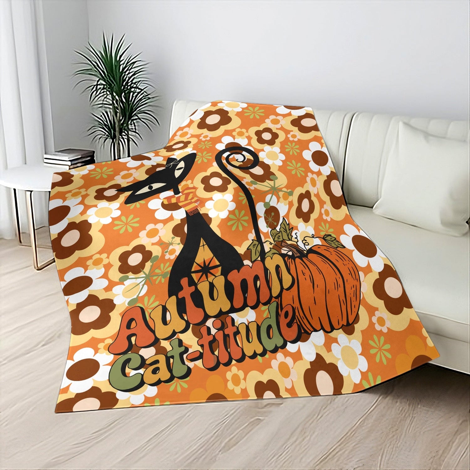 Kate McEnroe New York Groovy Atomic Kitsch Cat Fall Sherpa Fleece Blanket, Retro 70s Fall Pumpkin DecorBlankets26594521929028746950