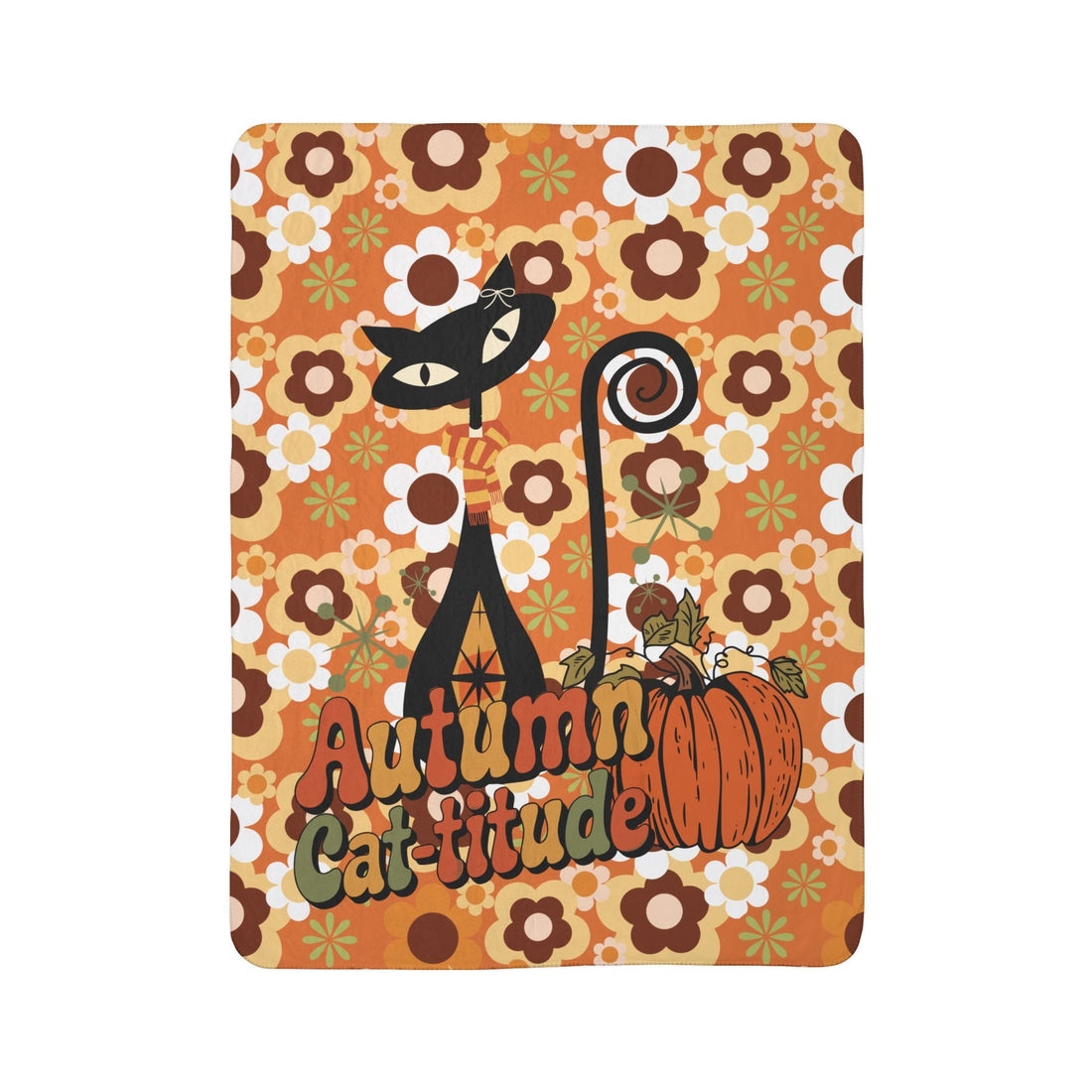 Kate McEnroe New York Groovy Atomic Kitsch Cat Fall Sherpa Fleece Blanket, Retro 70s Fall Pumpkin DecorBlankets26594521929028746950