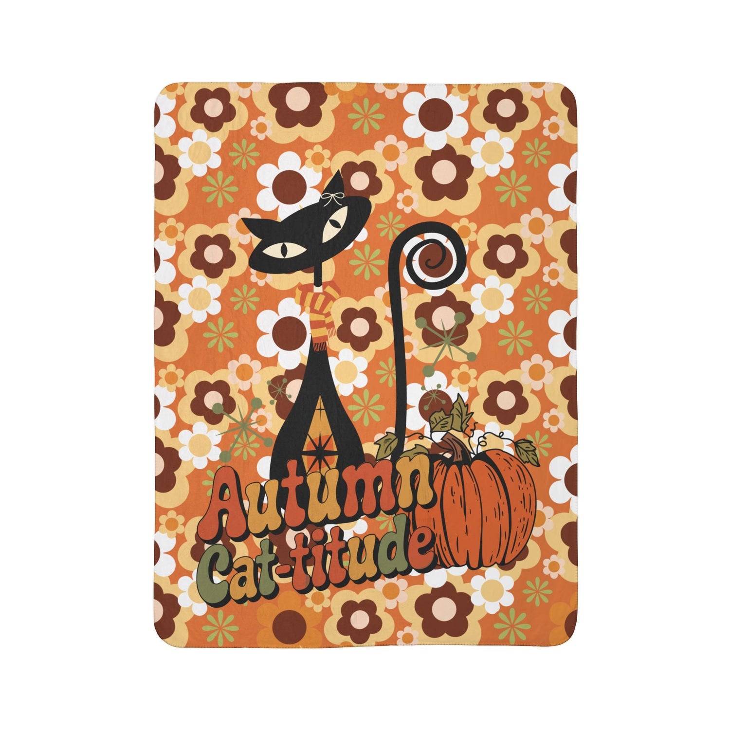 Kate McEnroe New York Groovy Atomic Kitsch Cat Fall Sherpa Fleece Blanket, Retro 70s Fall Pumpkin DecorBlankets26594521929028746950