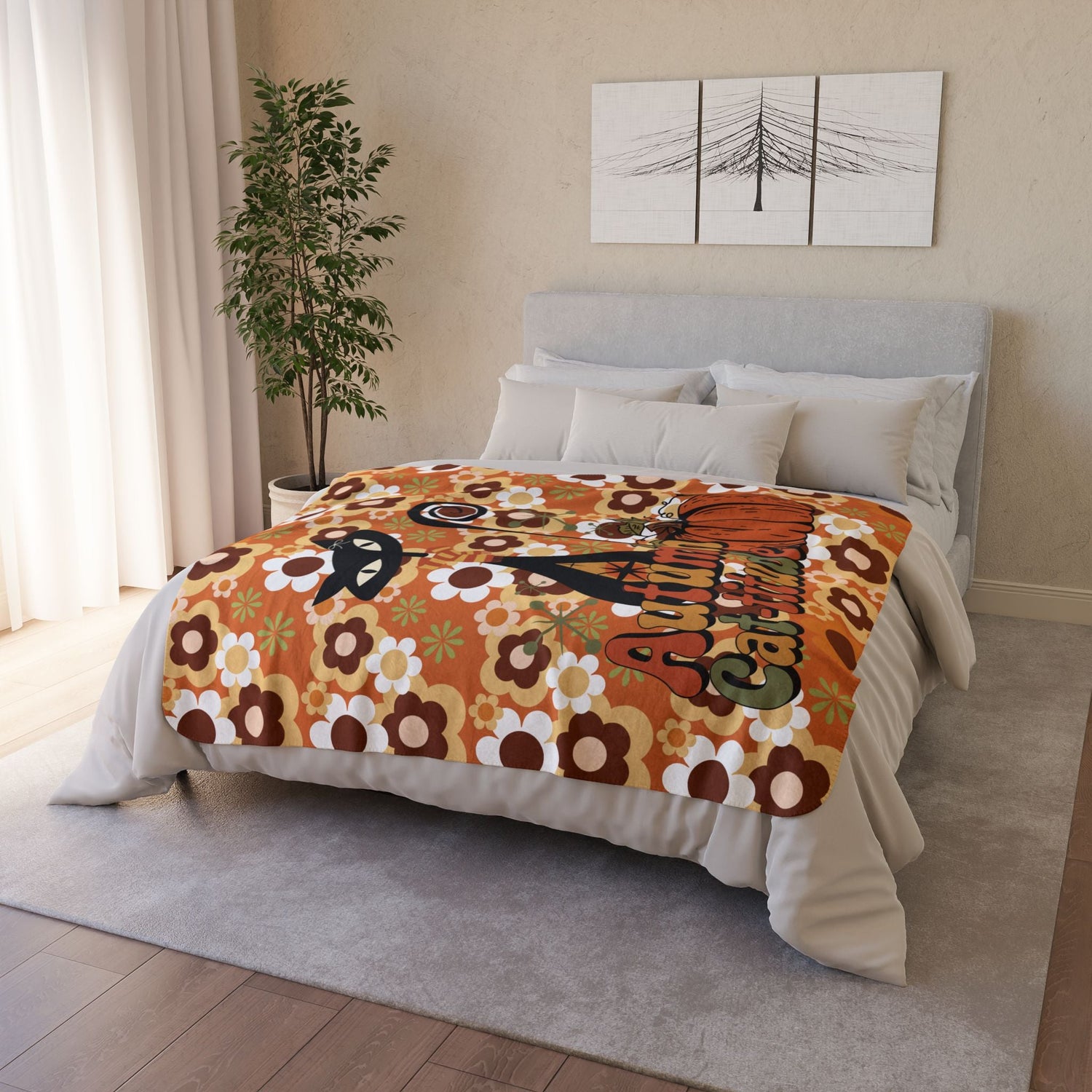 Kate McEnroe New York Groovy Atomic Kitsch Cat Fall Sherpa Fleece Blanket, Retro 70s Fall Pumpkin DecorBlankets26594521929028746950