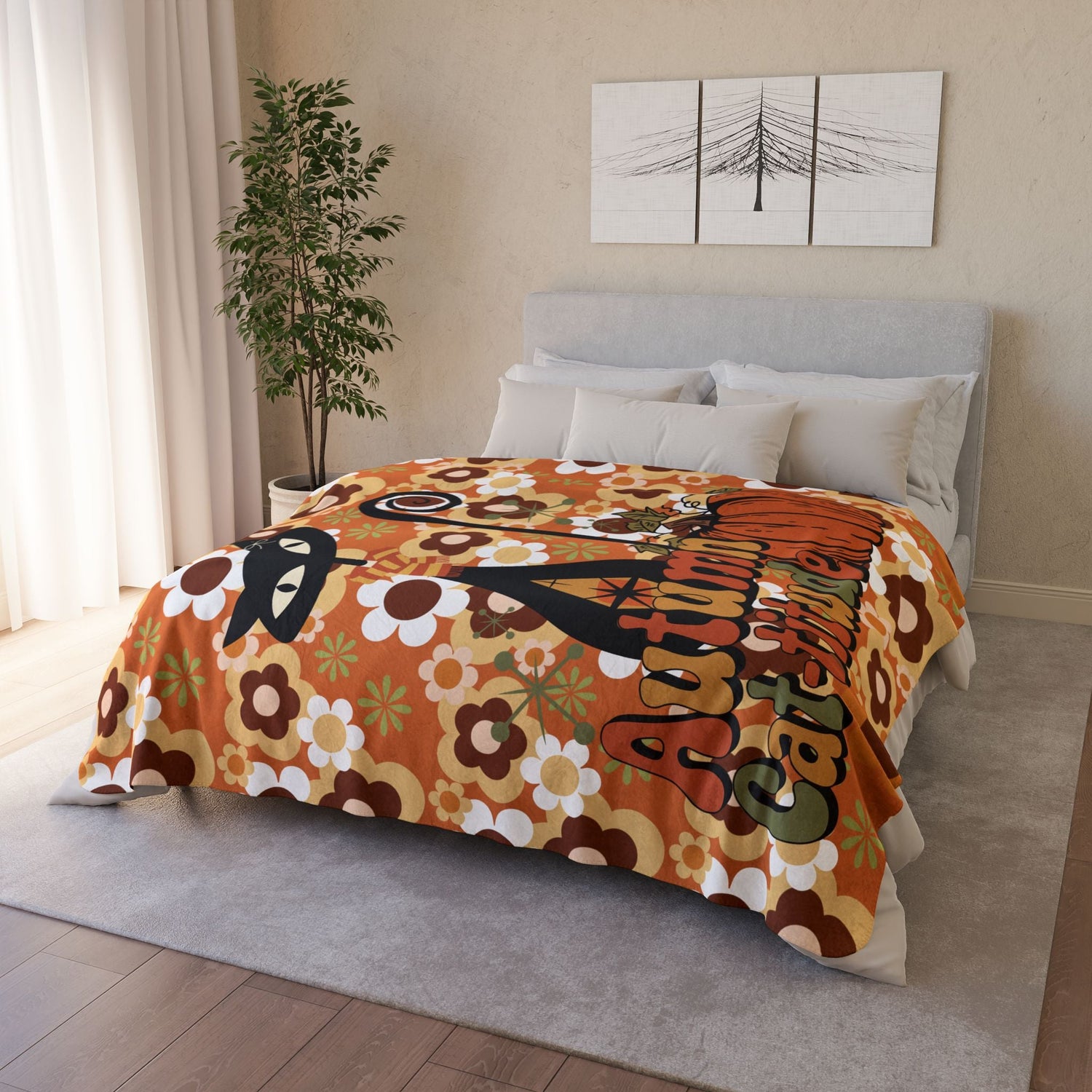 Kate McEnroe New York Groovy Atomic Kitsch Cat Fall Sherpa Fleece Blanket, Retro 70s Fall Pumpkin DecorBlankets33140336115016204683