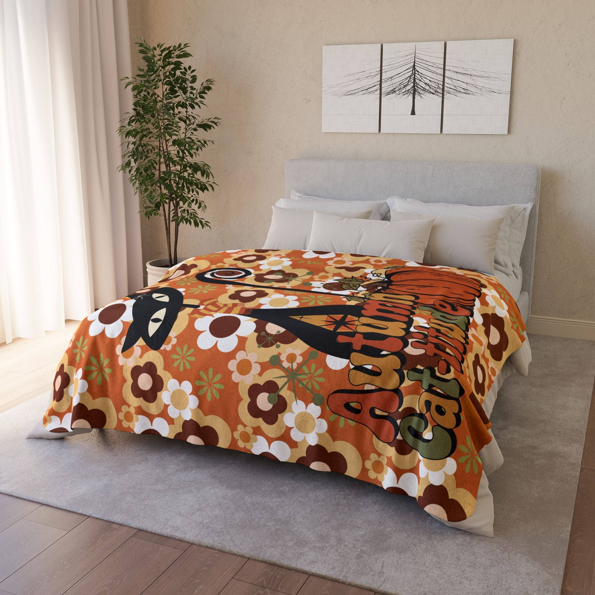 Kate McEnroe New York Groovy Atomic Kitsch Cat Fall Sherpa Fleece Blanket, Retro 70s Fall Pumpkin DecorBlankets33140336115016204683