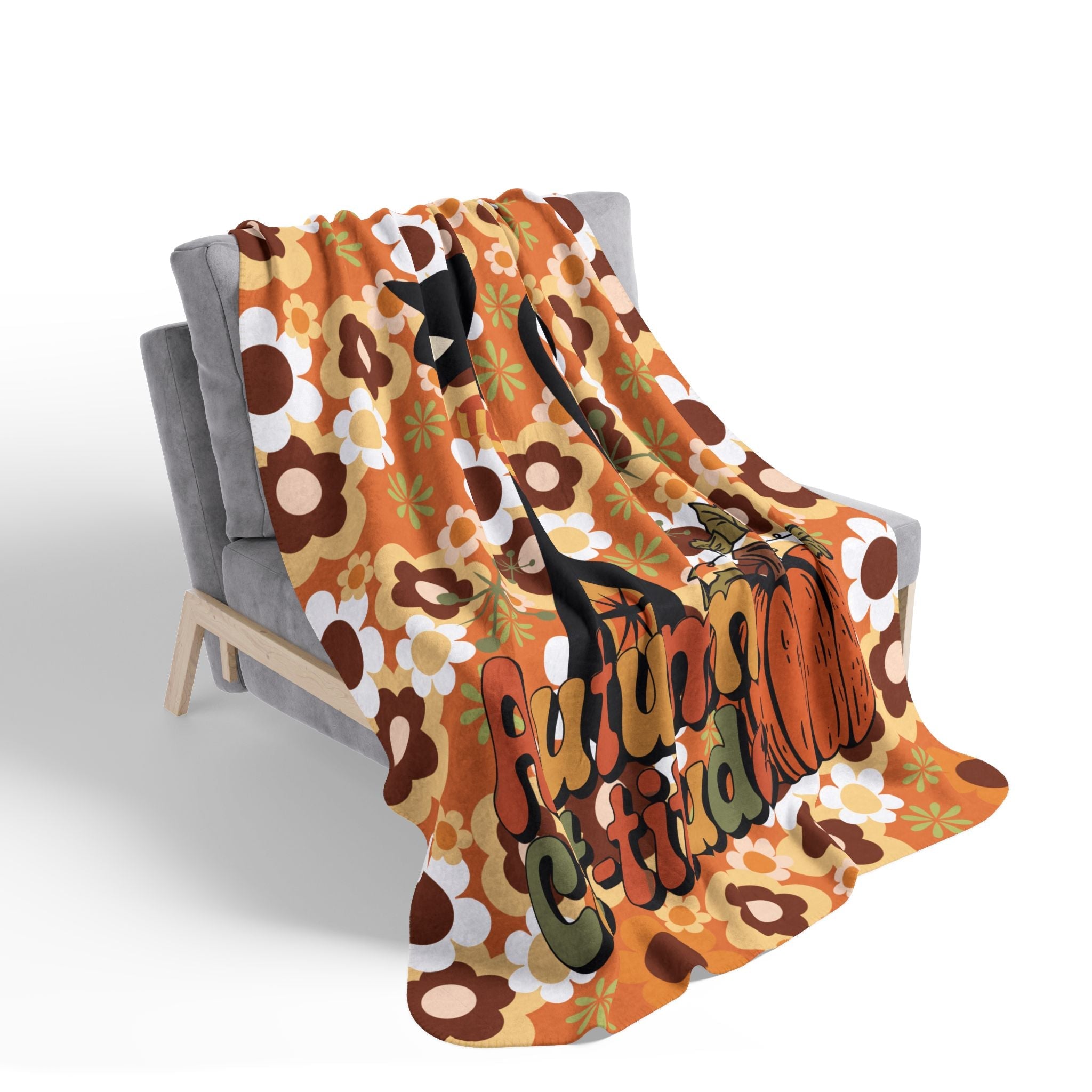 Kate McEnroe New York Groovy Atomic Kitsch Cat Fall Sherpa Fleece Blanket, Retro 70s Fall Pumpkin DecorBlankets33140336115016204683