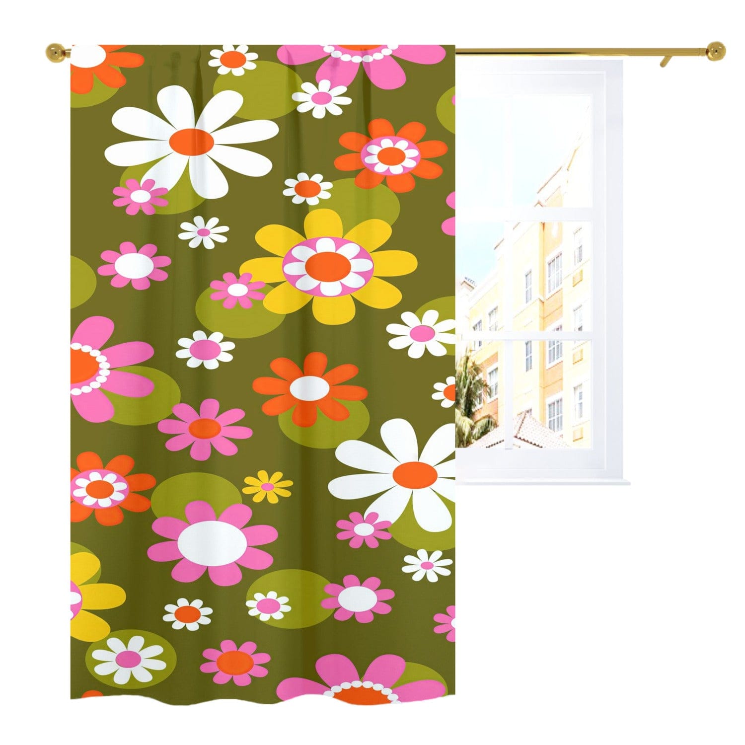 Kate McEnroe New York Groovy Daisy Flower Power Window Curtains, Retro Hippie Mid Mod Floral Curtain Panels, 70s MCM Living Room, Bedroom Window DecorWindow Curtains89092