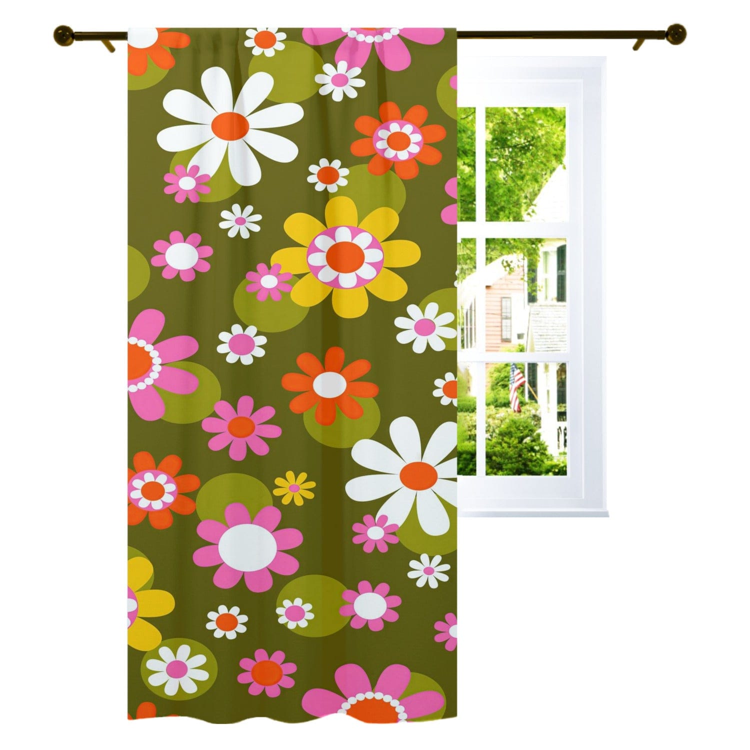 Kate McEnroe New York Groovy Daisy Flower Power Window Curtains, Retro Hippie Mid Mod Floral Curtain Panels, 70s MCM Living Room, Bedroom Window DecorWindow Curtains89094