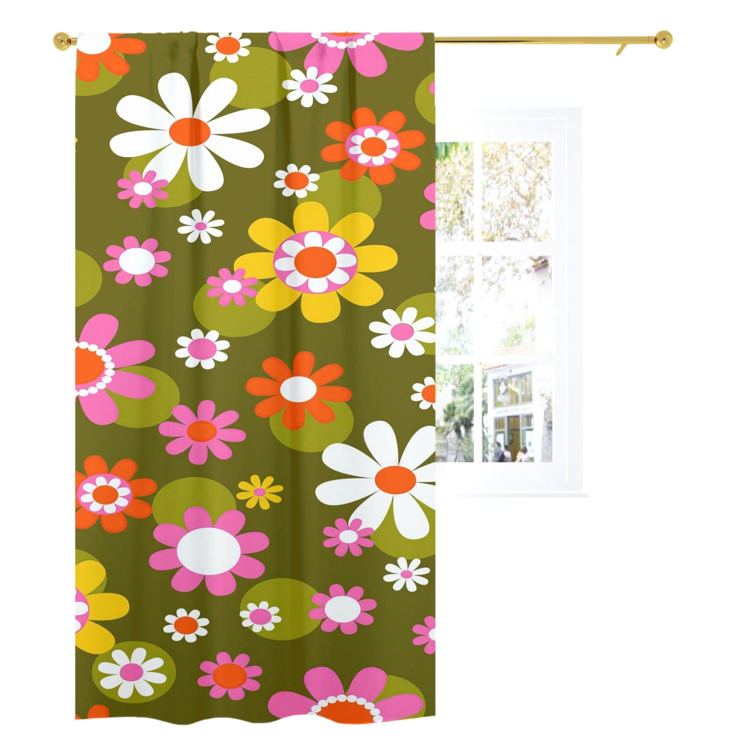 Kate McEnroe New York Groovy Daisy Flower Power Window Curtains, Retro Hippie Mid Mod Floral Curtain Panels, 70s MCM Living Room, Bedroom Window DecorWindow Curtains89093