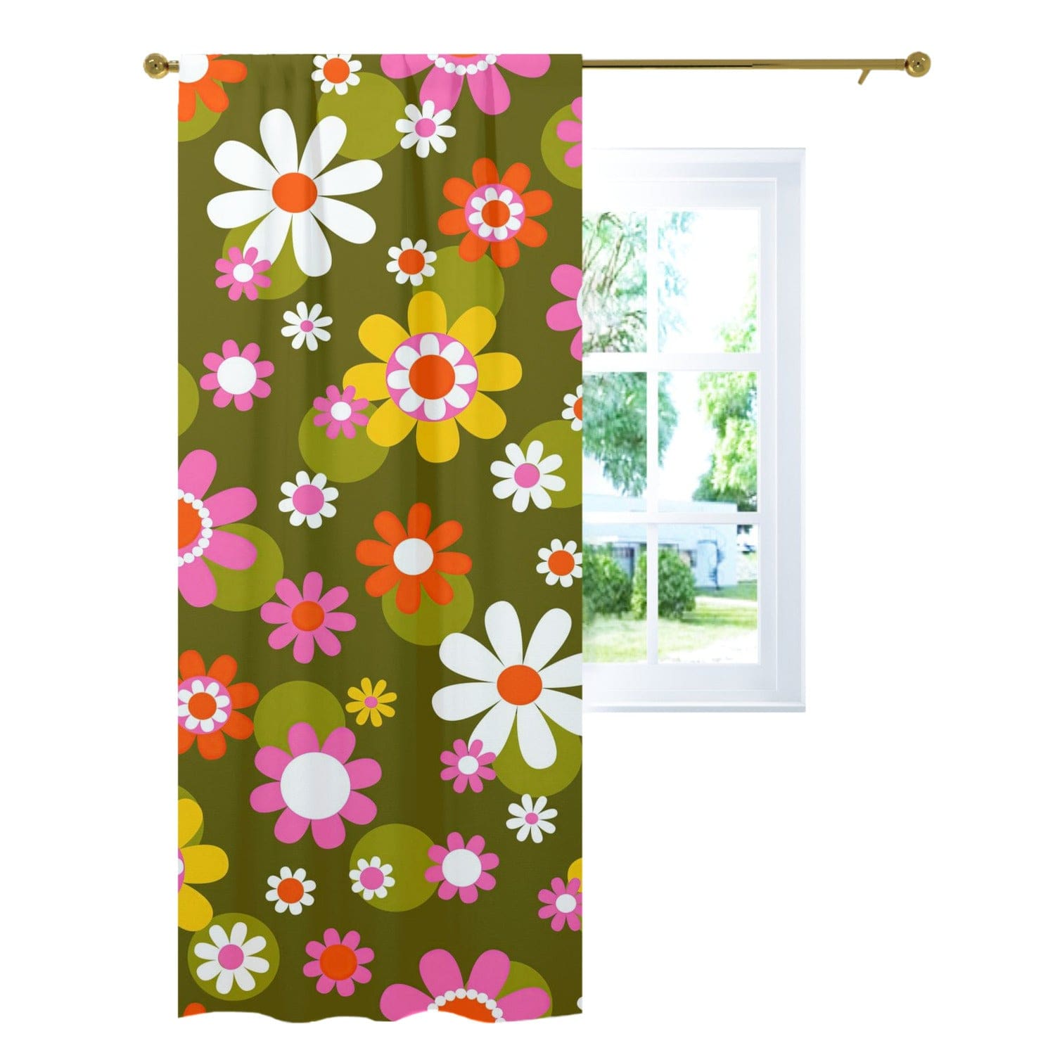 Kate McEnroe New York Groovy Daisy Flower Power Window Curtains, Retro Hippie Mid Mod Floral Curtain Panels, 70s MCM Living Room, Bedroom Window DecorWindow Curtains89090