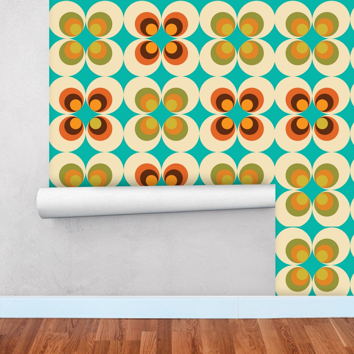 Kate McEnroe New York Groovy Daisy Peel and Stick Wallpaper, 70s Retro Mid Century Modern Wall Decor in Burnt Orange, Aqua, Lime Green, BeigeWallpaper75683