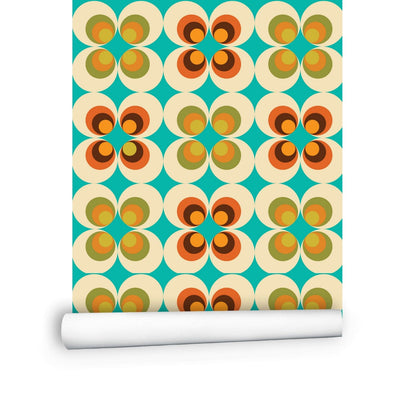 Kate McEnroe New York Groovy Daisy Peel and Stick Wallpaper, 70s Retro Mid Century Modern Wall Decor in Burnt Orange, Aqua, Lime Green, BeigeWallpaper75683