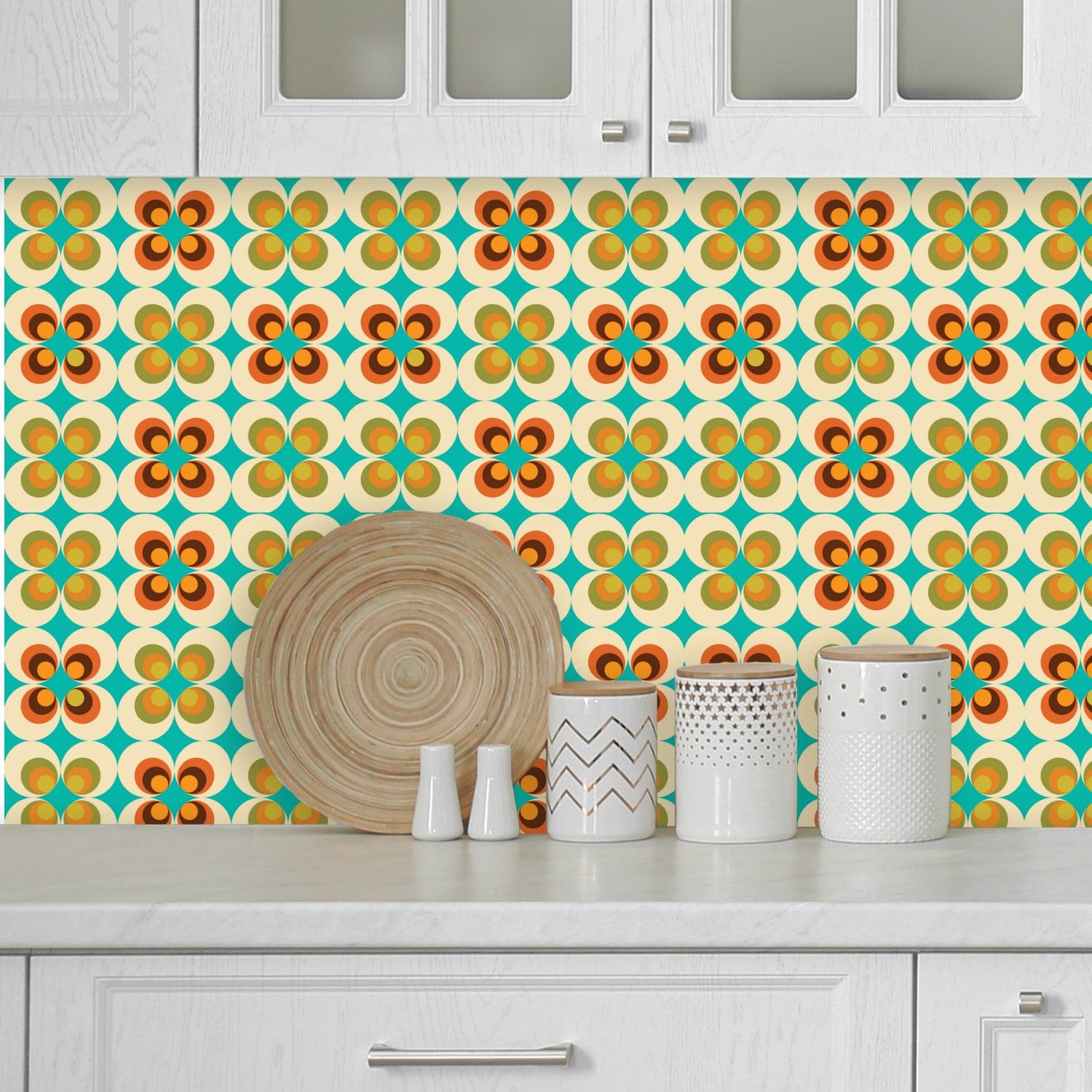 Kate McEnroe New York Groovy Daisy Peel and Stick Wallpaper, 70s Retro Mid Century Modern Wall Decor in Burnt Orange, Aqua, Lime Green, BeigeWallpaper75683