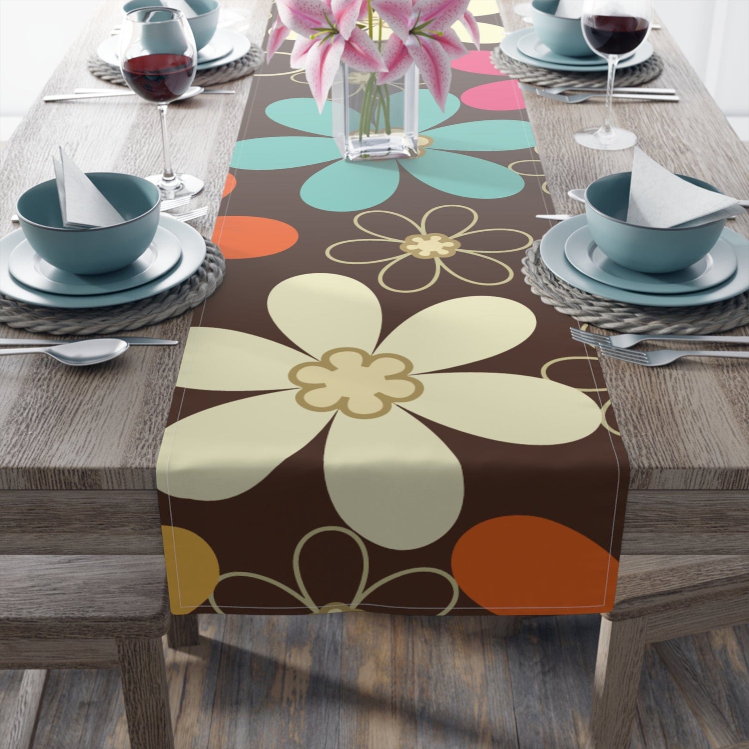 Kate McEnroe New York Groovy Floral Mid Century Modern Floral Table Runner, Retro 70s Flower Power Dining DecorTable Runners10620281036302166435