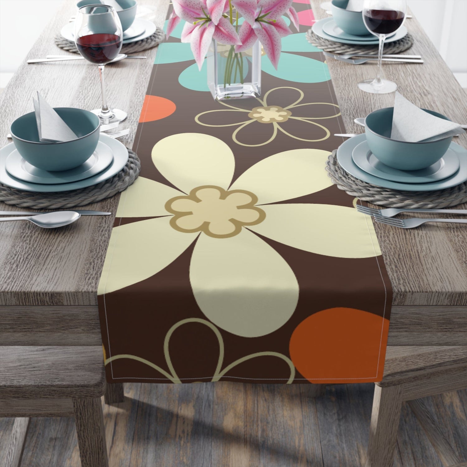 Kate McEnroe New York Groovy Floral Mid Century Modern Floral Table Runner, Retro 70s Flower Power Dining DecorTable Runners30345546384099365731