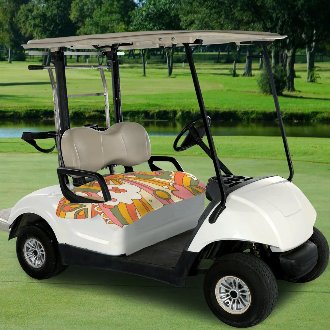 Kate McEnroe New York Groovy Flower Power 1970s Retro Golf Cart Seat CoverGolf Cart Seat CoversD3242357