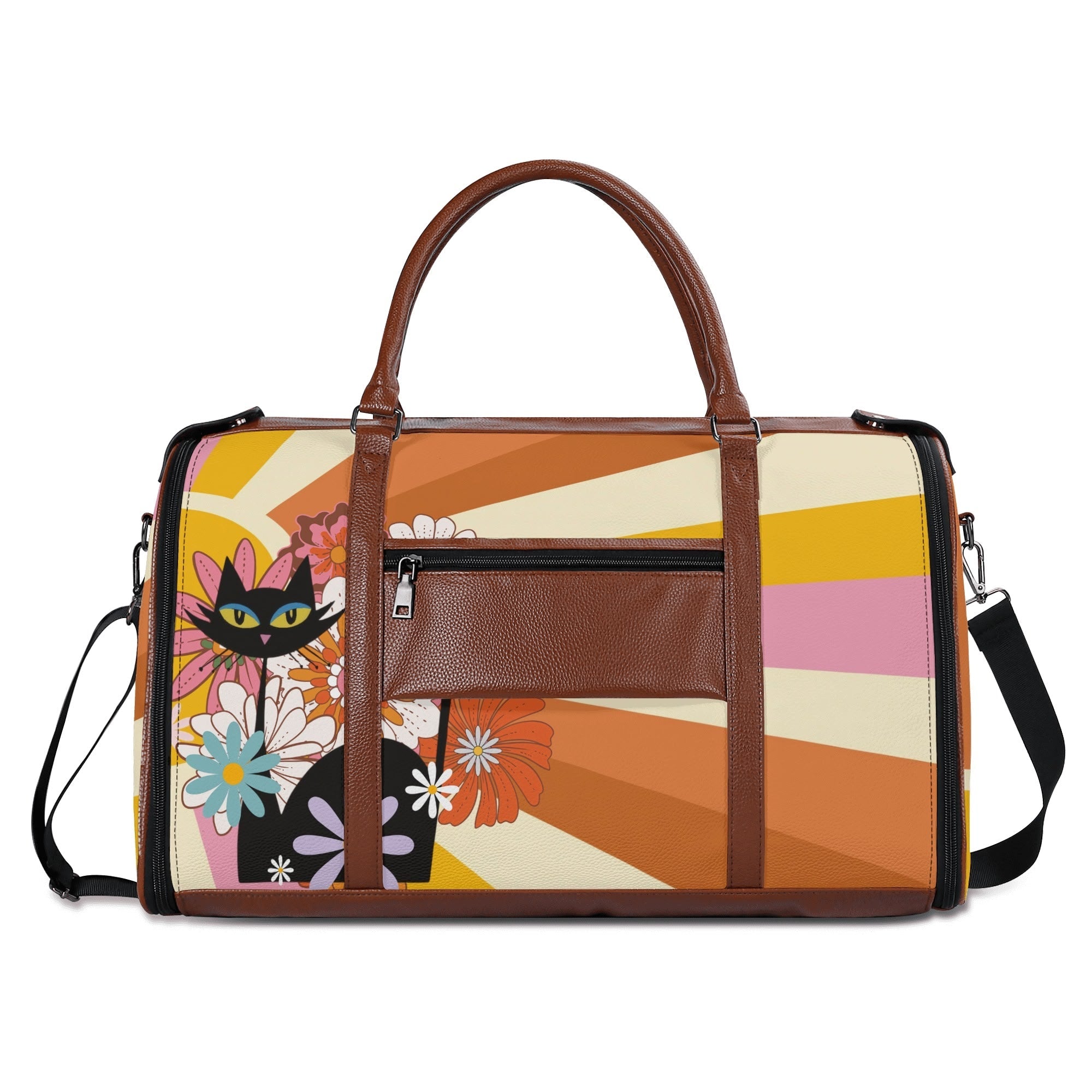 Kate McEnroe New York Groovy Flower Power Atomic Cat Duffel Bag, 70s Hippie Retro Mod Floral Travel WeekenderDuffel BagsN67Q73PW - 1