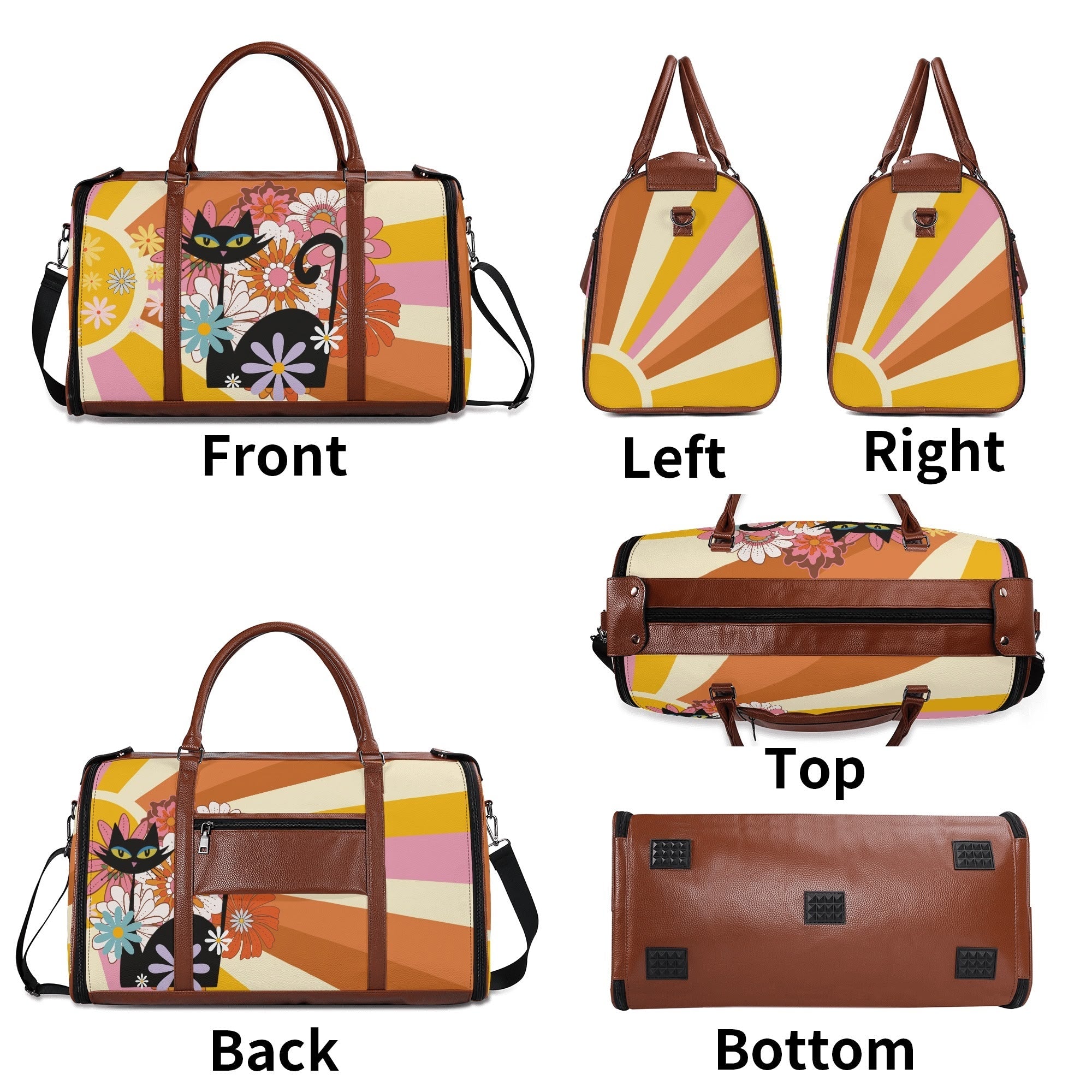 Kate McEnroe New York Groovy Flower Power Atomic Cat Duffel Bag, 70s Hippie Retro Mod Floral Travel WeekenderDuffel BagsN67Q73PW - 1
