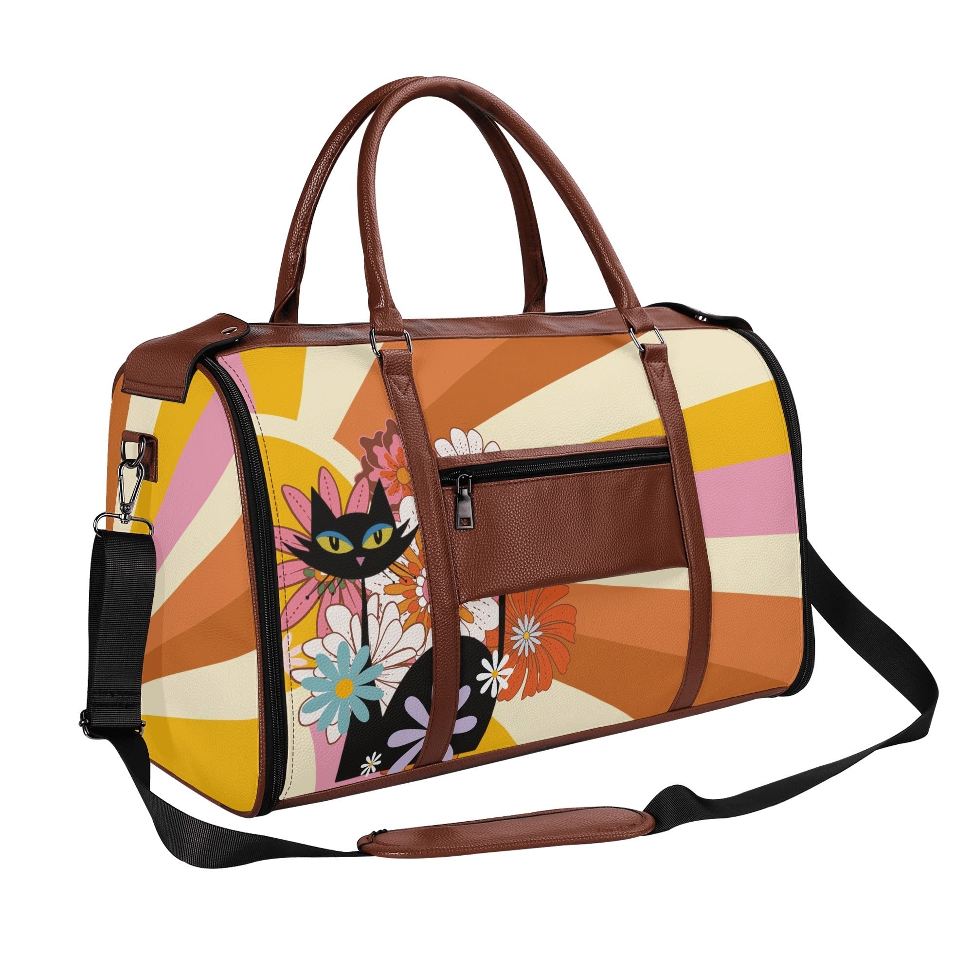 Kate McEnroe New York Groovy Flower Power Atomic Cat Duffel Bag, 70s Hippie Retro Mod Floral Travel WeekenderDuffel BagsN67Q73PW - 1