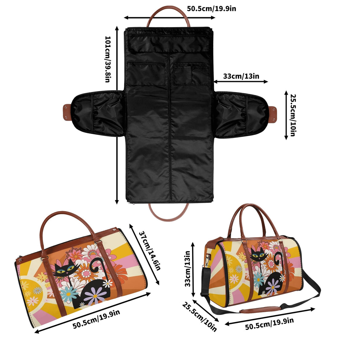 Kate McEnroe New York Groovy Flower Power Atomic Cat Duffel Bag, 70s Hippie Retro Mod Floral Travel WeekenderDuffel BagsN67Q73PW - 1