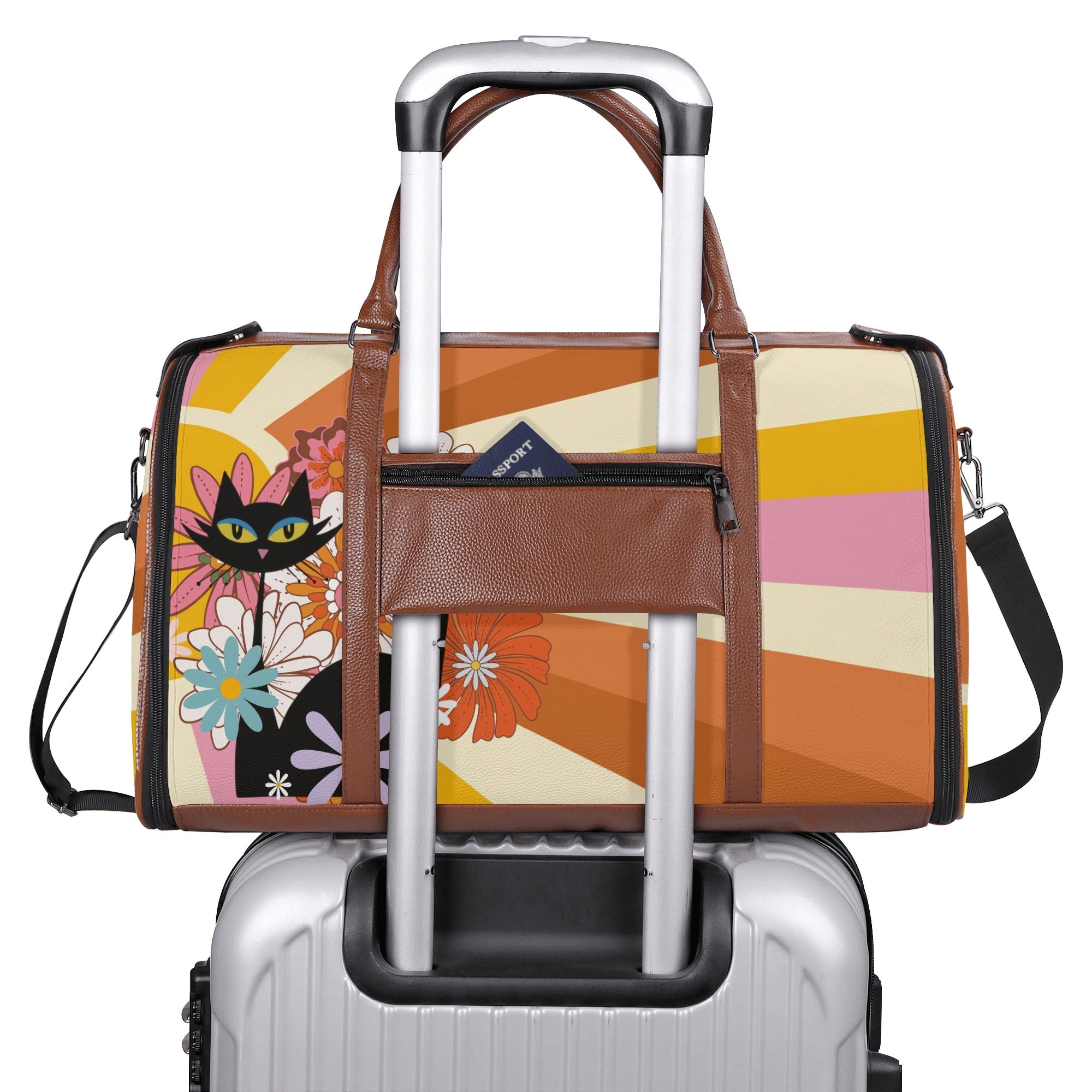 Kate McEnroe New York Groovy Flower Power Atomic Cat Duffel Bag, 70s Hippie Retro Mod Floral Travel WeekenderDuffel BagsN67Q73PW - 1