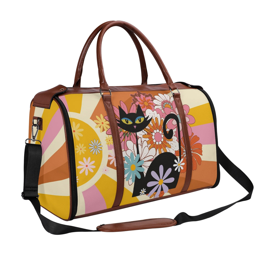 Kate McEnroe New York Groovy Flower Power Atomic Cat Duffel Bag, 70s Hippie Retro Mod Floral Travel WeekenderDuffel BagsN67Q73PW - 1