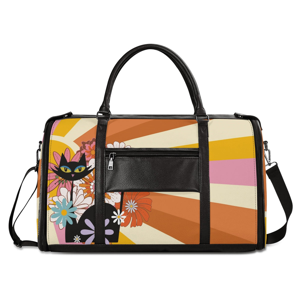 Kate McEnroe New York Groovy Flower Power Atomic Cat Duffel Bag, 70s Hippie Retro Mod Floral Travel WeekenderDuffel BagsN67Q73PW - 2