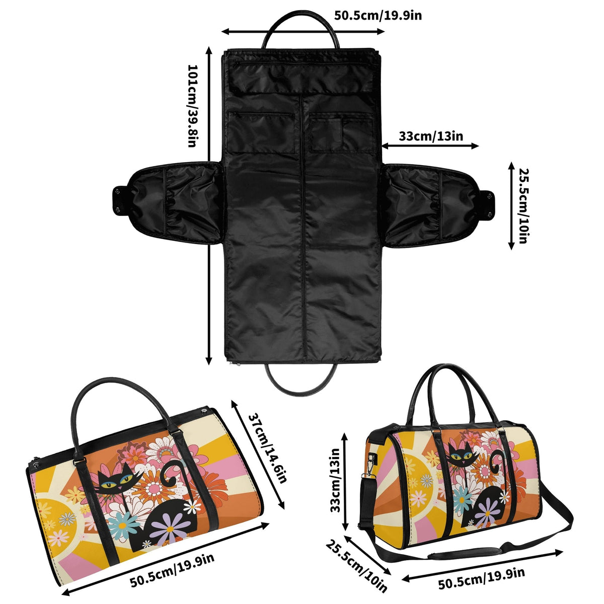 Kate McEnroe New York Groovy Flower Power Atomic Cat Duffel Bag, 70s Hippie Retro Mod Floral Travel WeekenderDuffel BagsN67Q73PW - 2