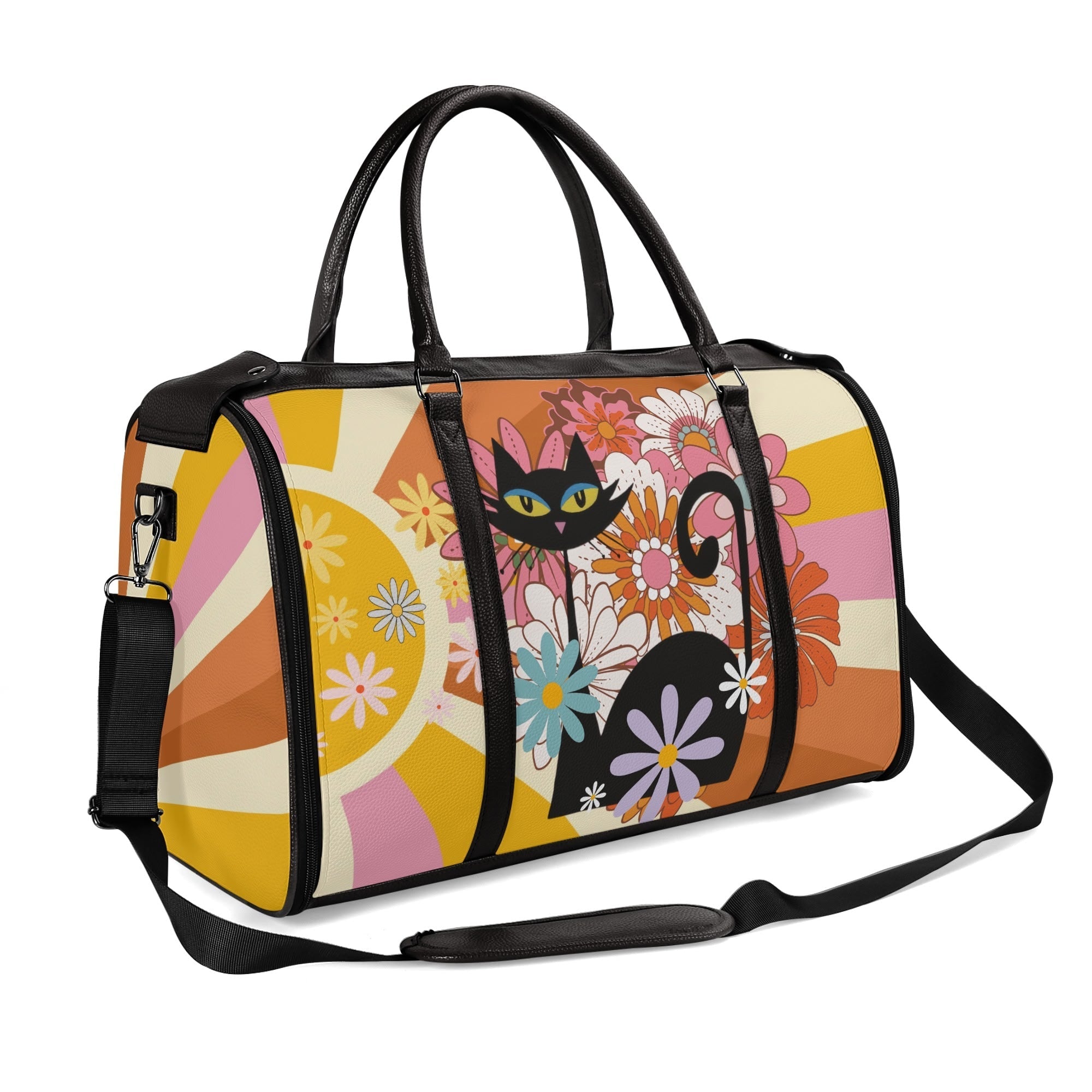 Kate McEnroe New York Groovy Flower Power Atomic Cat Duffel Bag, 70s Hippie Retro Mod Floral Travel WeekenderDuffel BagsN67Q73PW - 2