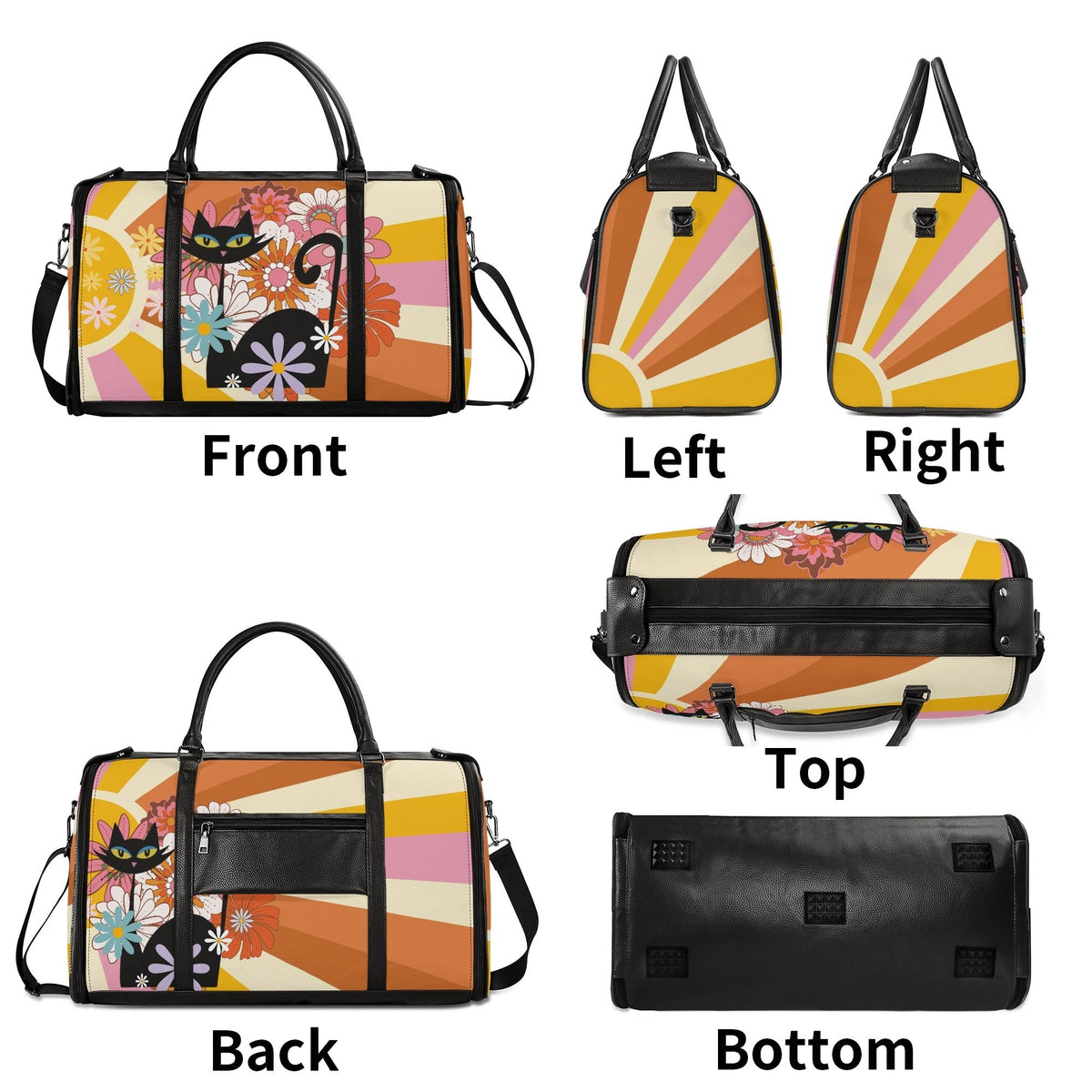 Kate McEnroe New York Groovy Flower Power Atomic Cat Duffel Bag, 70s Hippie Retro Mod Floral Travel WeekenderDuffel BagsN67Q73PW - 2