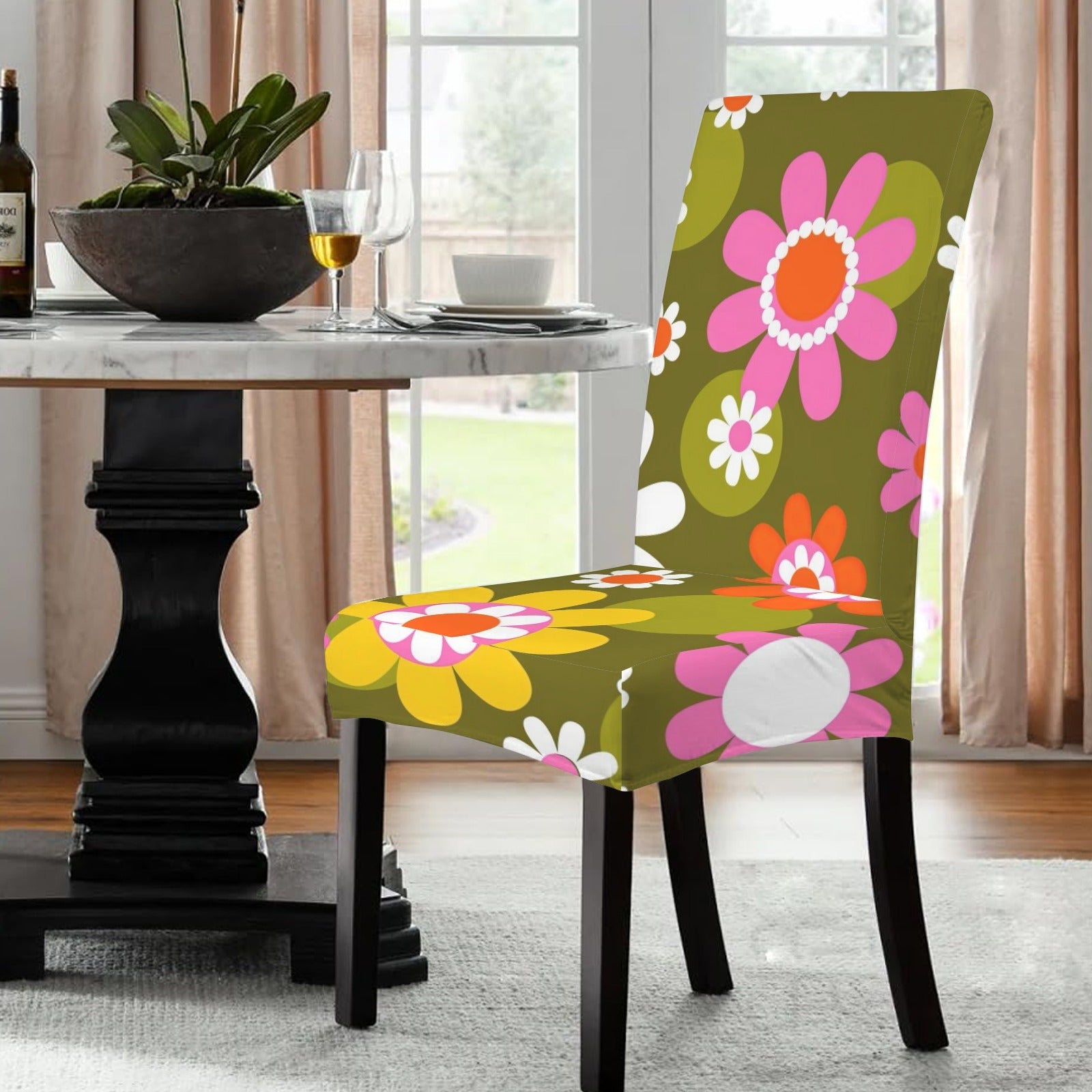 Kate McEnroe New York Groovy Flower Power Dining Chair Slipcover, Retro 70s Floral CoverChair SlipcoversD3321927