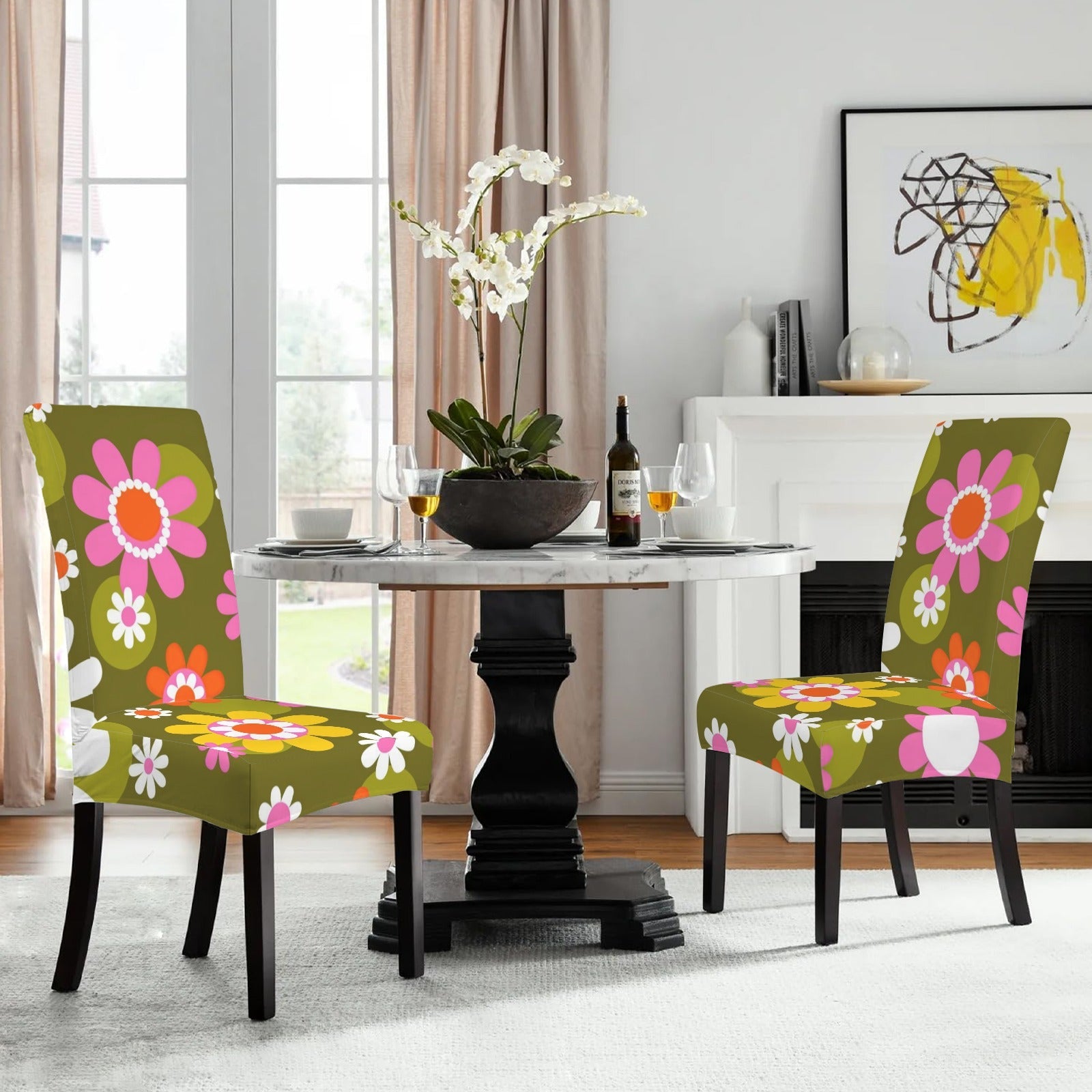 Kate McEnroe New York Groovy Flower Power Dining Chair Slipcover, Retro 70s Floral CoverChair SlipcoversD3321927