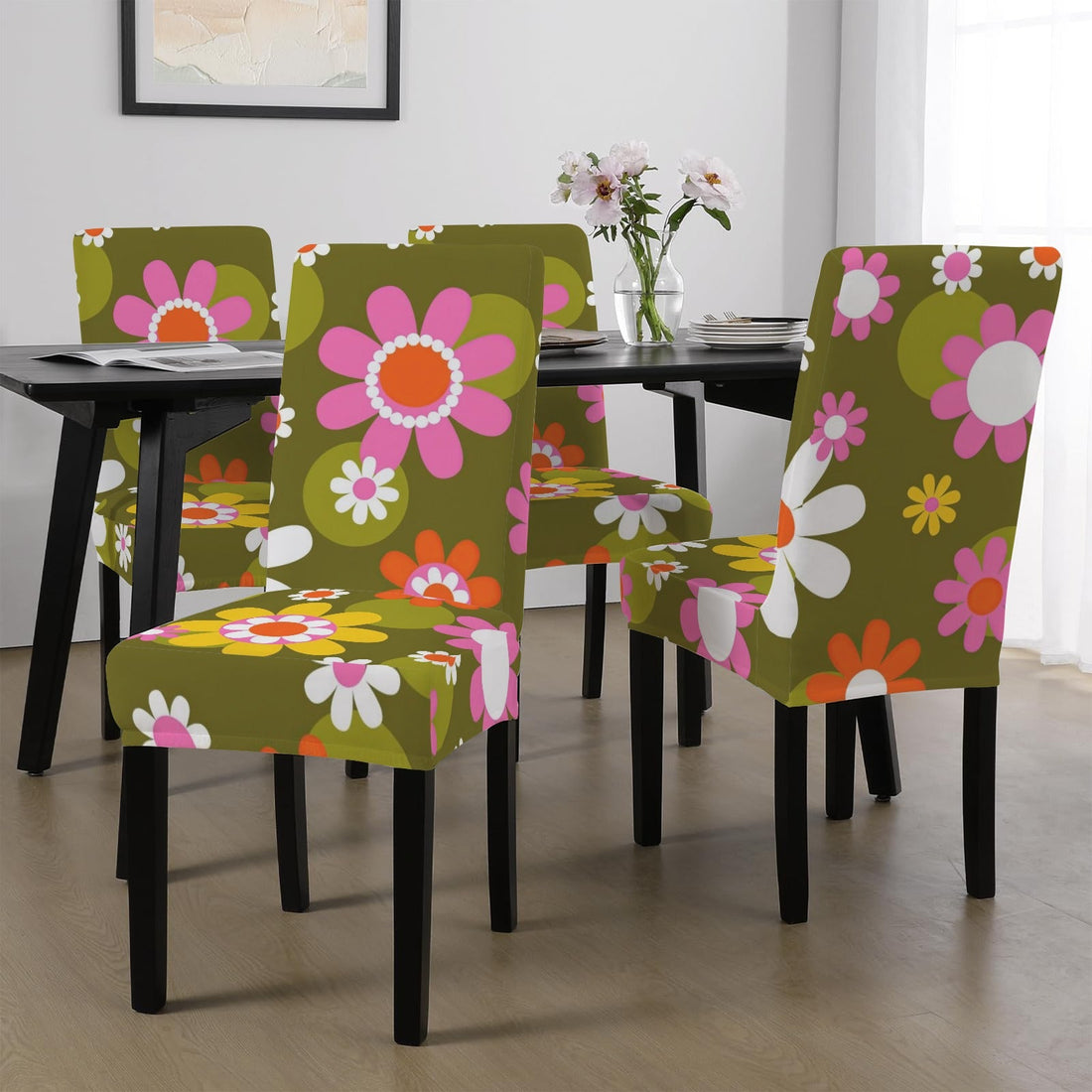 Kate McEnroe New York Groovy Flower Power Dining Chair Slipcover, Retro 70s Floral CoverChair SlipcoversD3321927