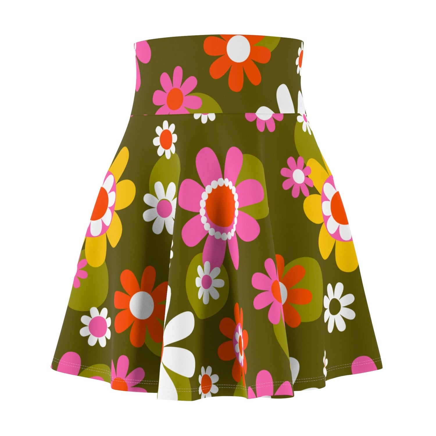 Kate McEnroe New York Groovy Flower Power Hippie Daisies 70s Disco Party Skirt, Retro Pink, Green Mid Century Modern Skater Skirt - 129882223 Skirts