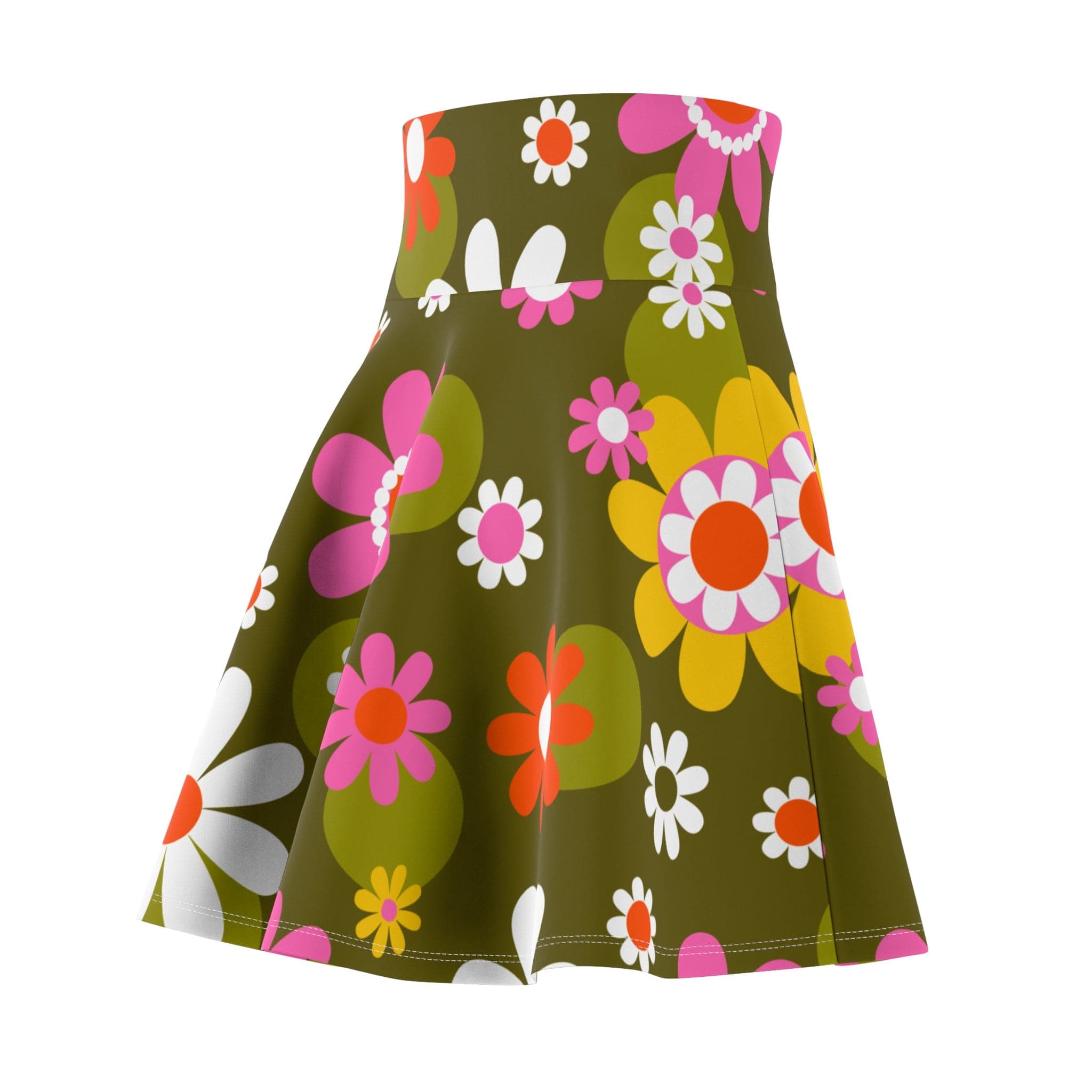 Kate McEnroe New York Groovy Flower Power Hippie Daisies 70s Disco Party Skirt, Retro Pink, Green Mid Century Modern Skater Skirt - 129882223 Skirts