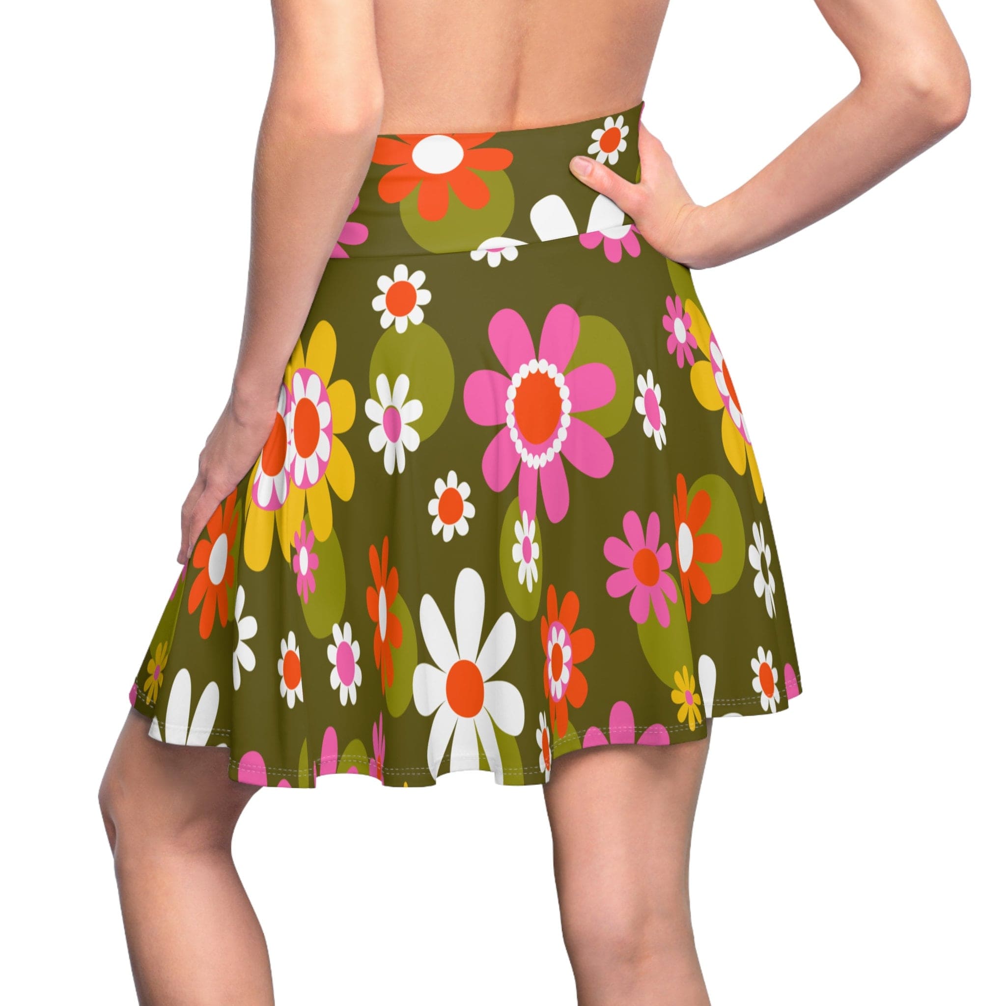 Kate McEnroe New York Groovy Flower Power Hippie Daisies 70s Disco Party Skirt, Retro Pink, Green Mid Century Modern Skater Skirt - 129882223Skirts30934504993767301885