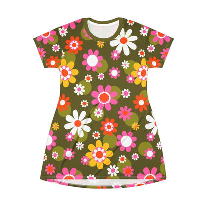 Kate McEnroe New York Groovy Flower Power Hippie Daisies 70s T-Shirt Dress, Retro Pink, Green Mid Century Modern Hipster Style Party Dress - 130282223 Dresses