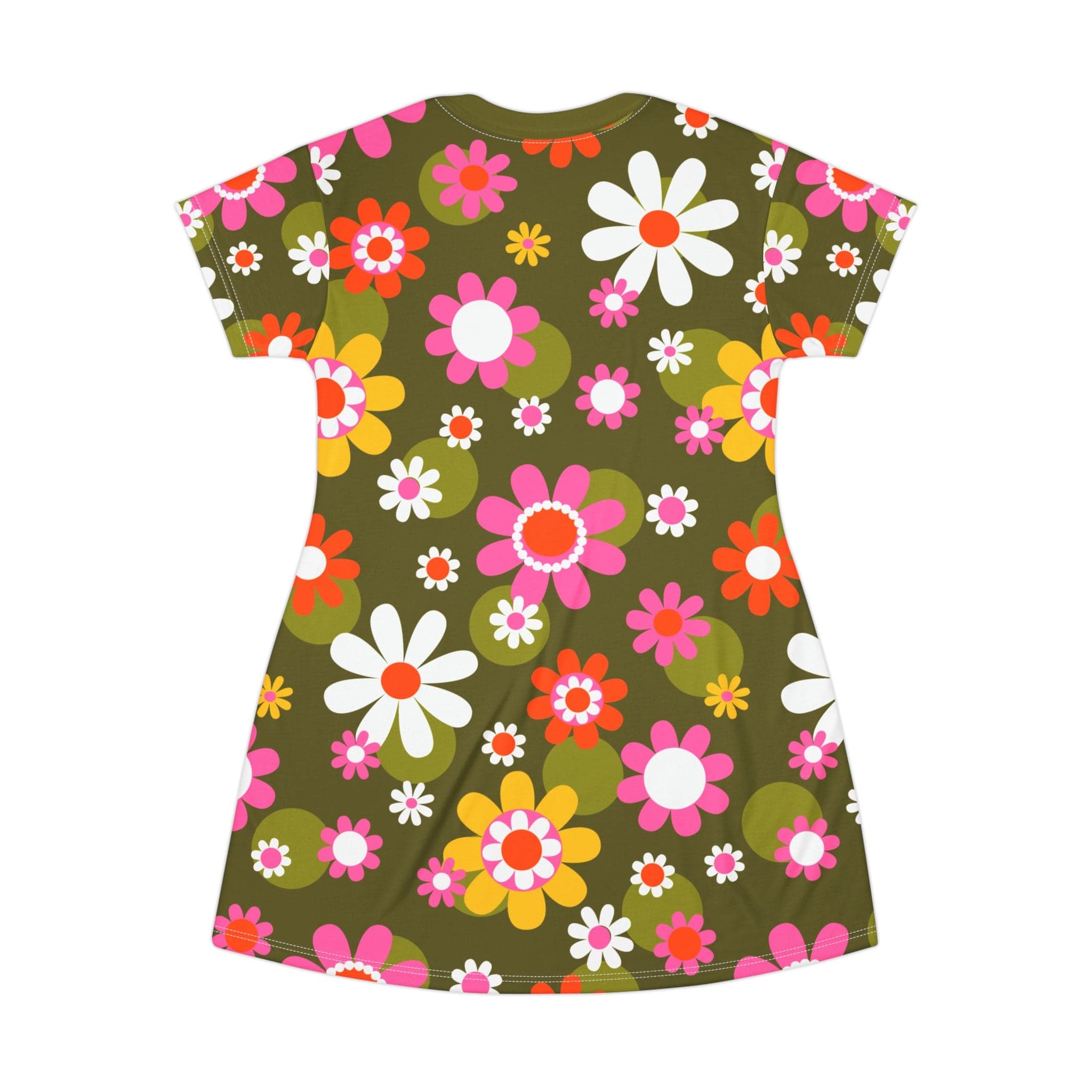 Kate McEnroe New York Groovy Flower Power Hippie Daisies 70s T - Shirt Dress, Retro Pink, Green Mid Century Modern Hipster Style Party Dress - 130282223Dresses35158609344719003886