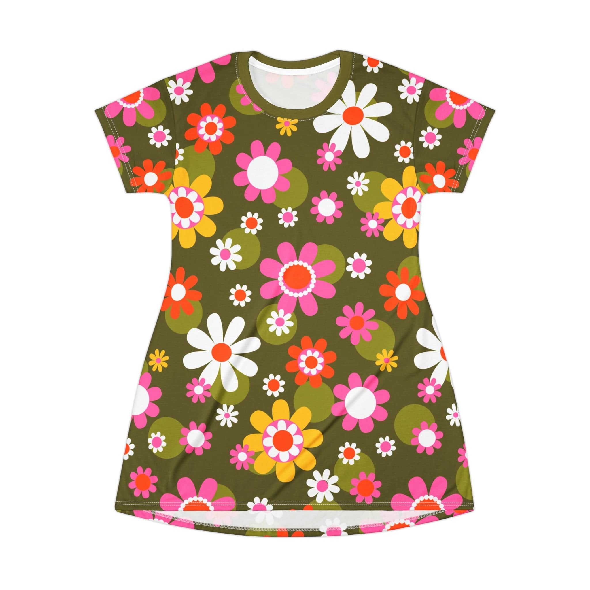 Kate McEnroe New York Groovy Flower Power Hippie Daisies 70s T - Shirt Dress, Retro Pink, Green Mid Century Modern Hipster Style Party Dress - 130282223Dresses35158609344719003886
