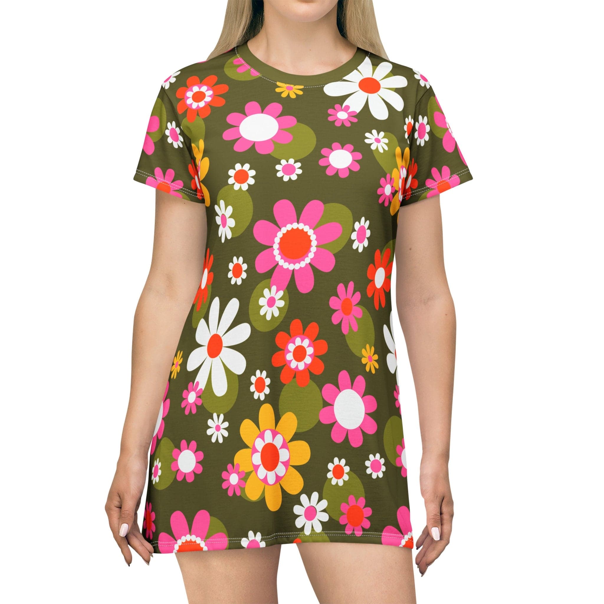 Kate McEnroe New York Groovy Flower Power Hippie Daisies 70s T - Shirt Dress, Retro Pink, Green Mid Century Modern Hipster Style Party Dress - 130282223Dresses35158609344719003886