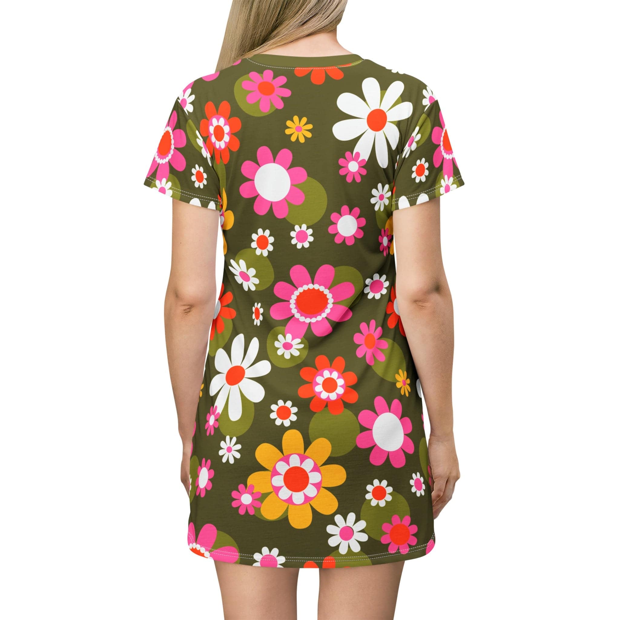 Kate McEnroe New York Groovy Flower Power Hippie Daisies 70s T - Shirt Dress, Retro Pink, Green Mid Century Modern Hipster Style Party Dress - 130282223Dresses35158609344719003886