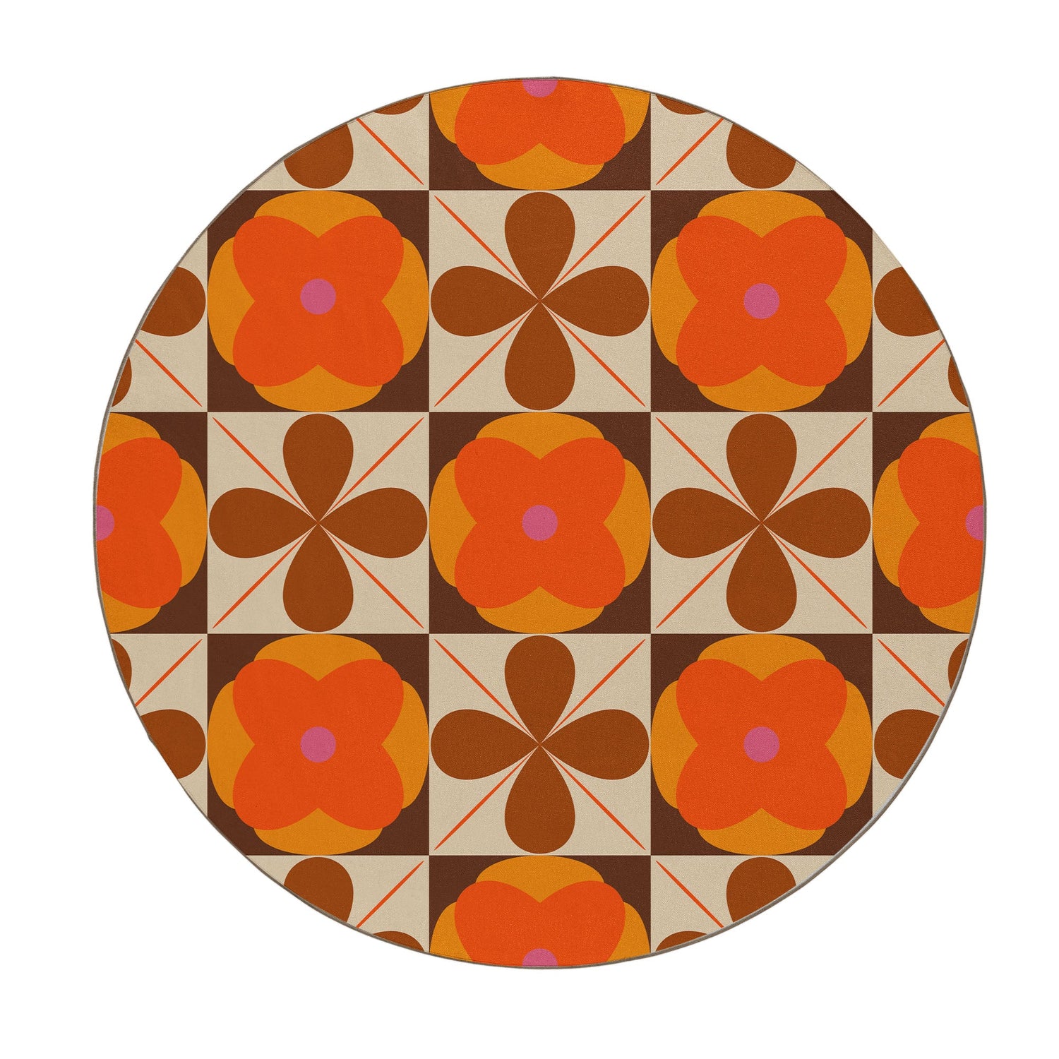 Kate McEnroe New York Groovy Flower Power Mod Rug, Retro 70s Orange Brown Geometric CarpetRugsKM1017 - IDR - 501006 - 98605