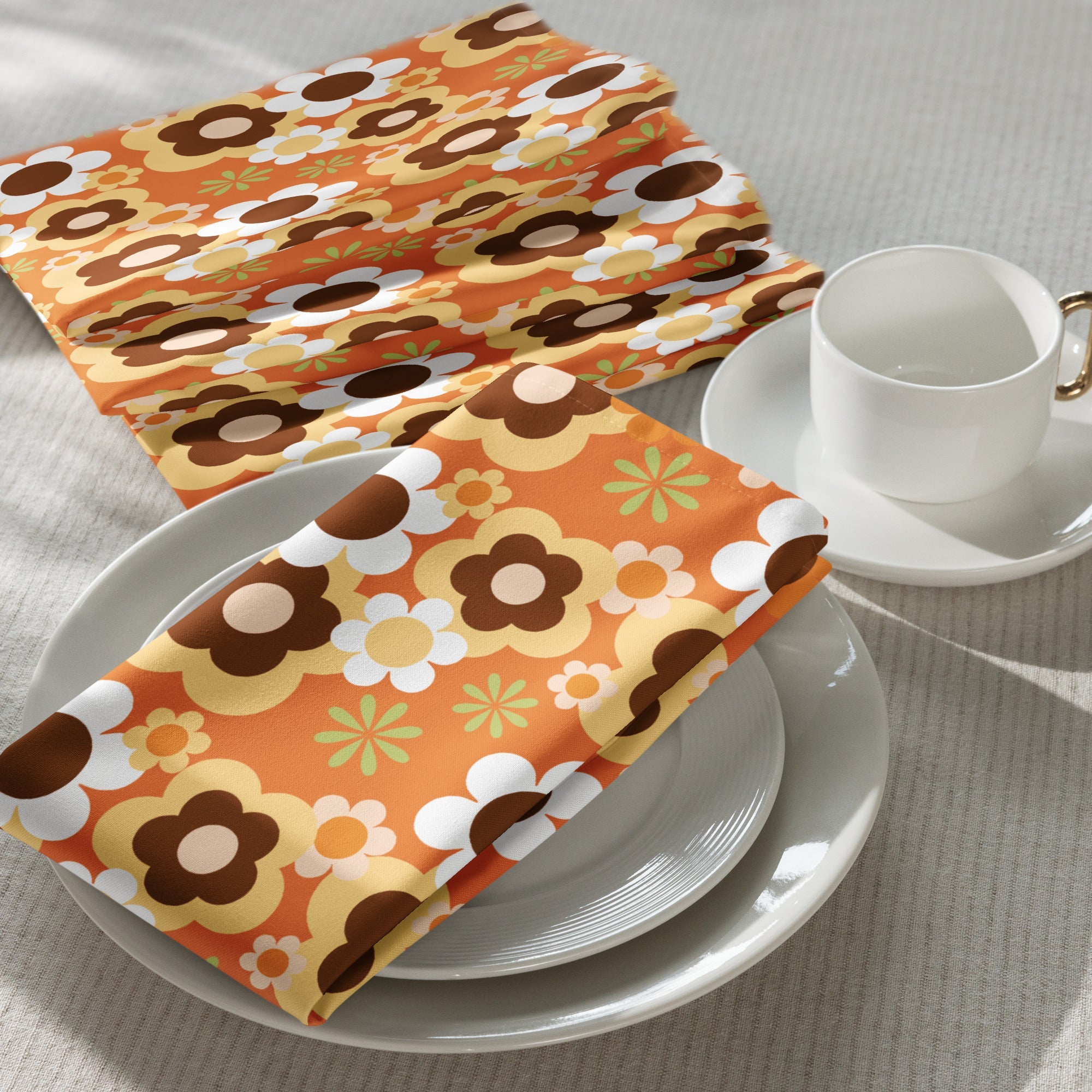 Kate McEnroe New York Groovy Flower Power Retro 70s Cloth Napkins, Mid Century Modern Orange Green Brown Dining LinensNapkins2039816_17399