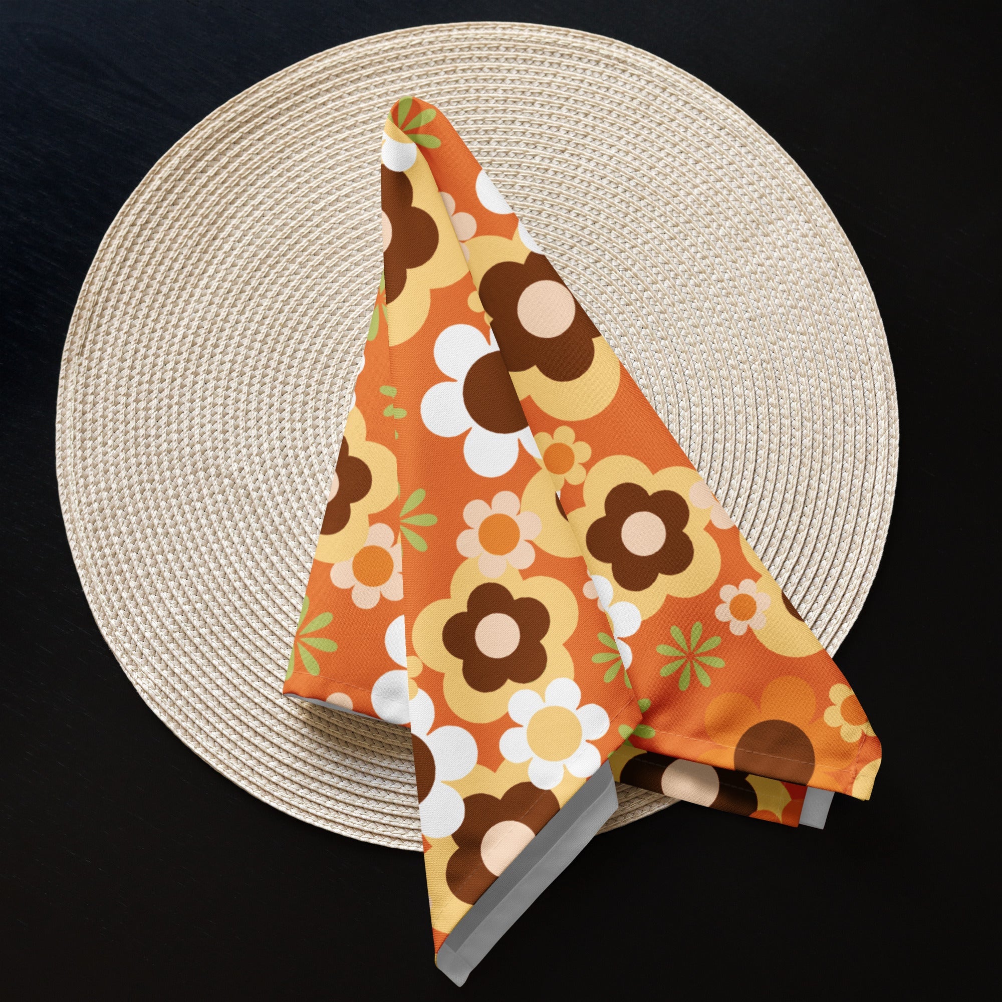 Kate McEnroe New York Groovy Flower Power Retro 70s Cloth Napkins, Mid Century Modern Orange Green Brown Dining LinensNapkins2039816_17399