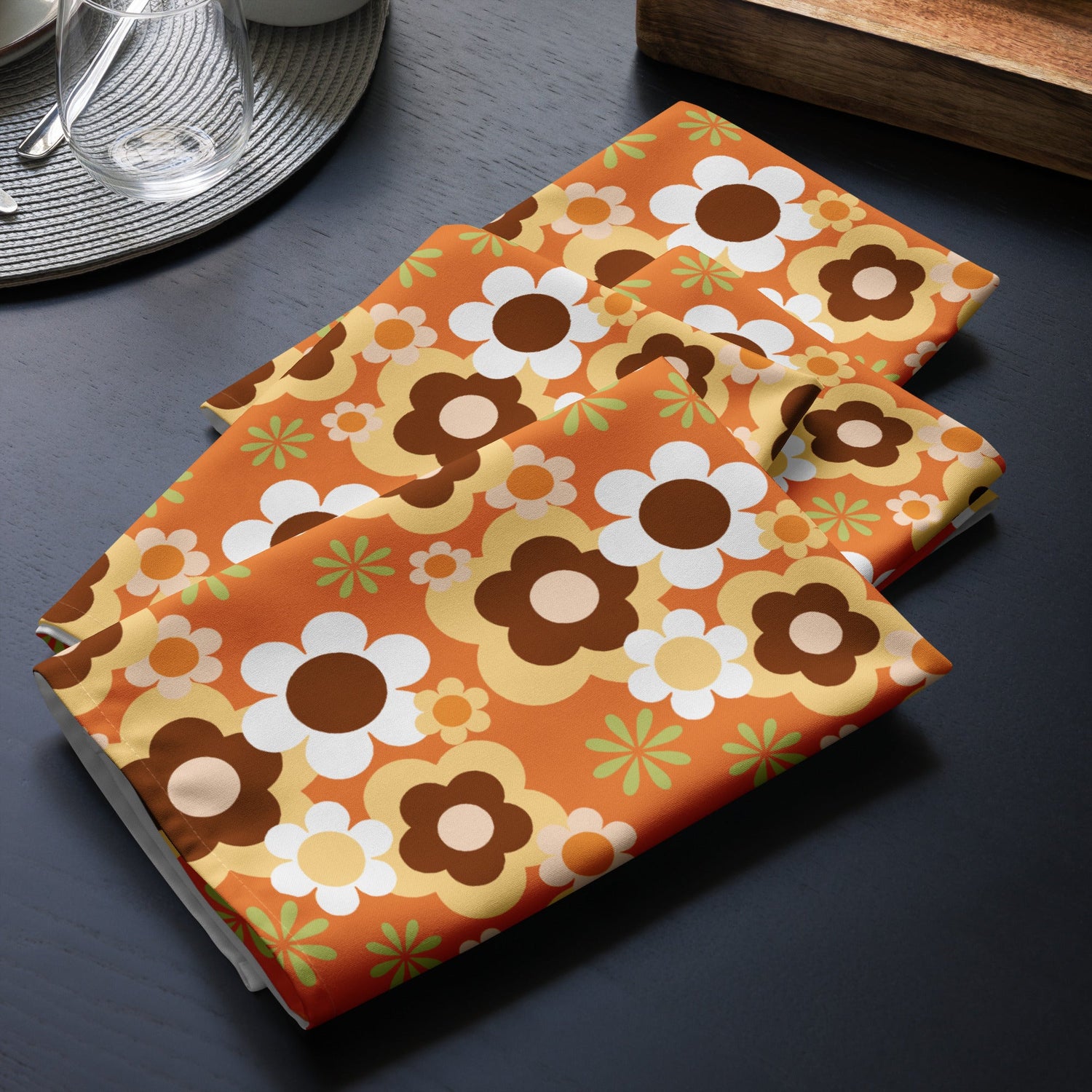 Kate McEnroe New York Groovy Flower Power Retro 70s Cloth Napkins, Mid Century Modern Orange Green Brown Dining LinensNapkins2039816_17399