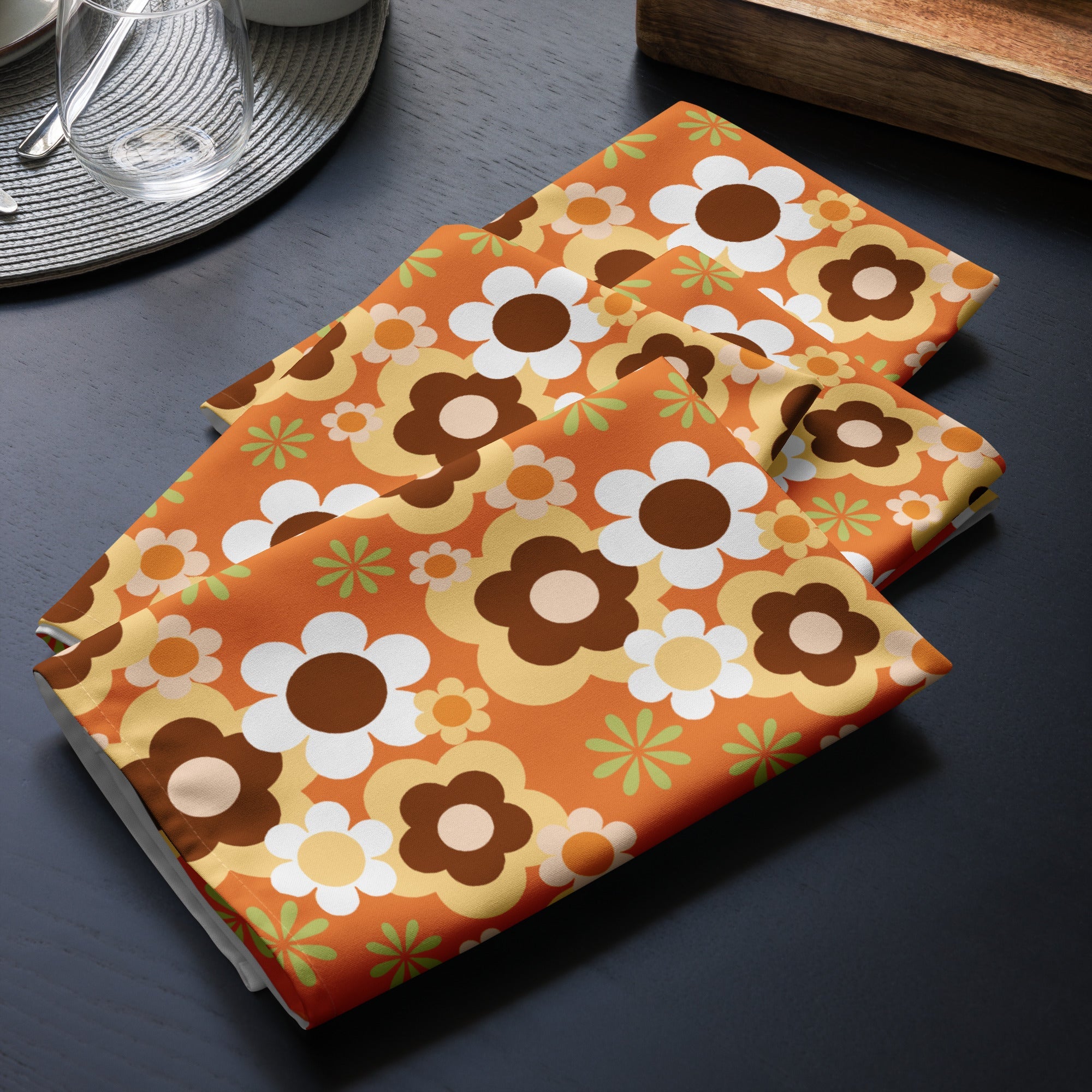 Kate McEnroe New York Groovy Flower Power Retro 70s Cloth Napkins, Mid Century Modern Orange Green Brown Dining LinensNapkins2039816_17399