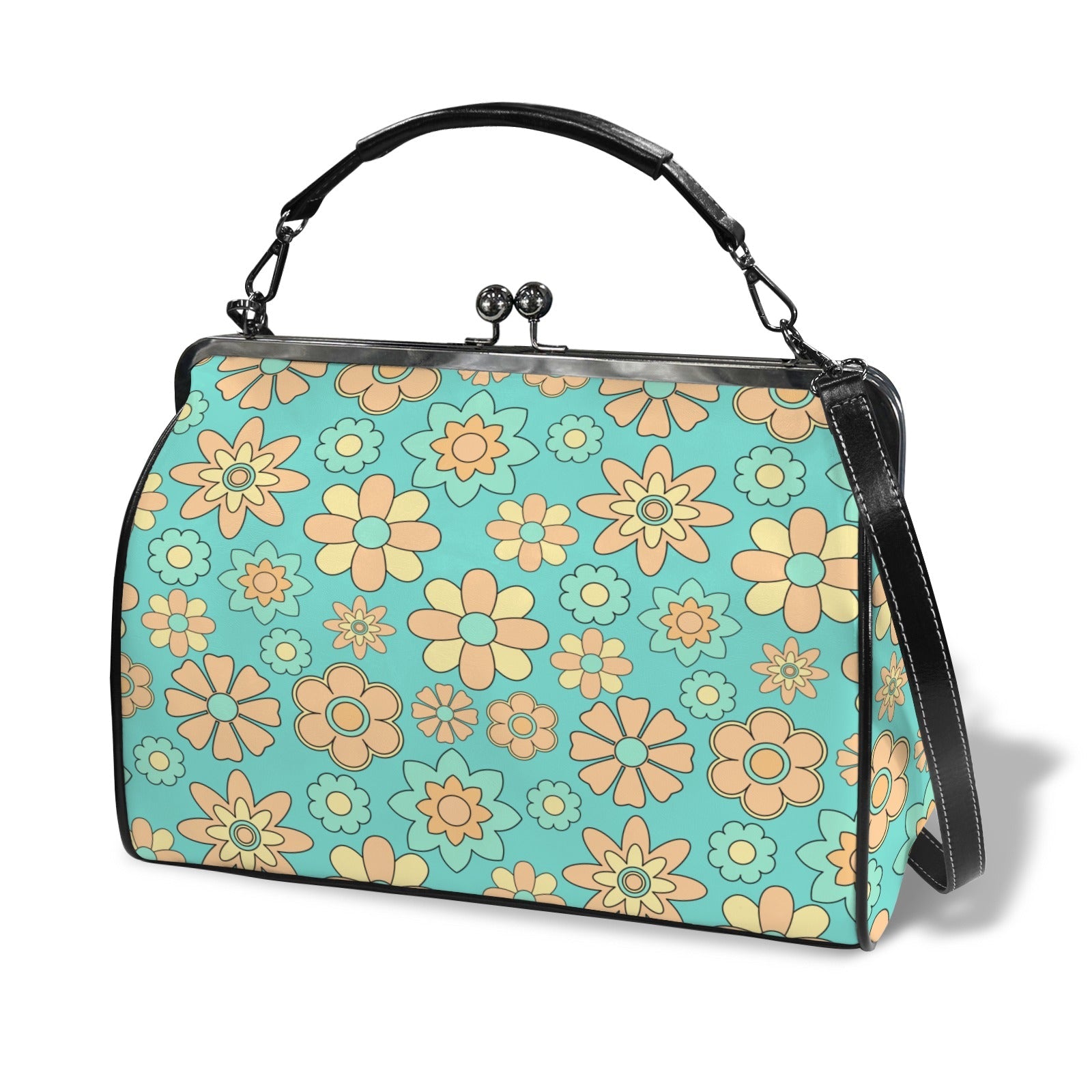 Kate McEnroe New York Groovy Flower Power Retro 70s Daisy Vintage Turquoise Kisslock PurseCrossbody BagsD3266997