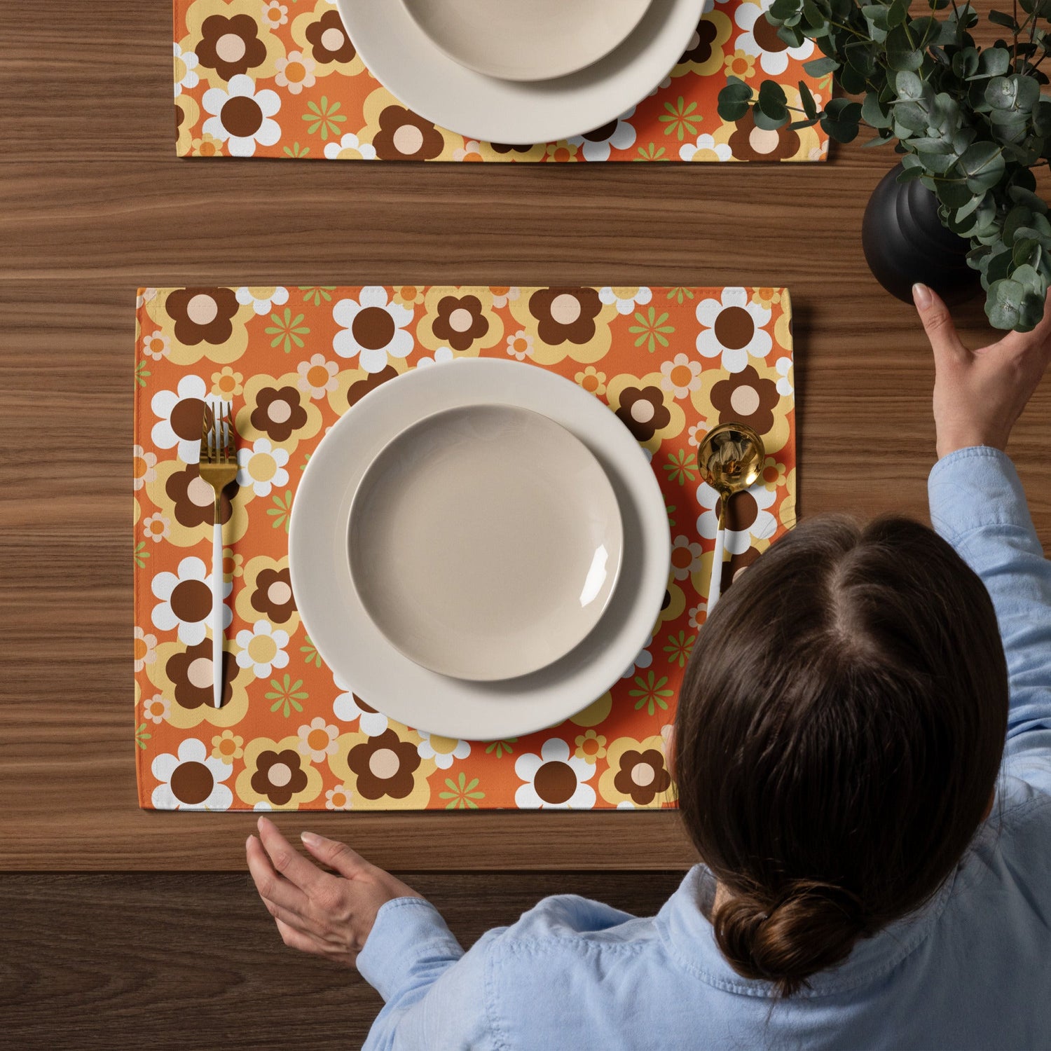 Kate McEnroe New York Groovy Flower Power Retro 70s Placemats Set of 4, Mid Century Modern Orange Green Brown Dining Table DecorPlacemats7907583_17484