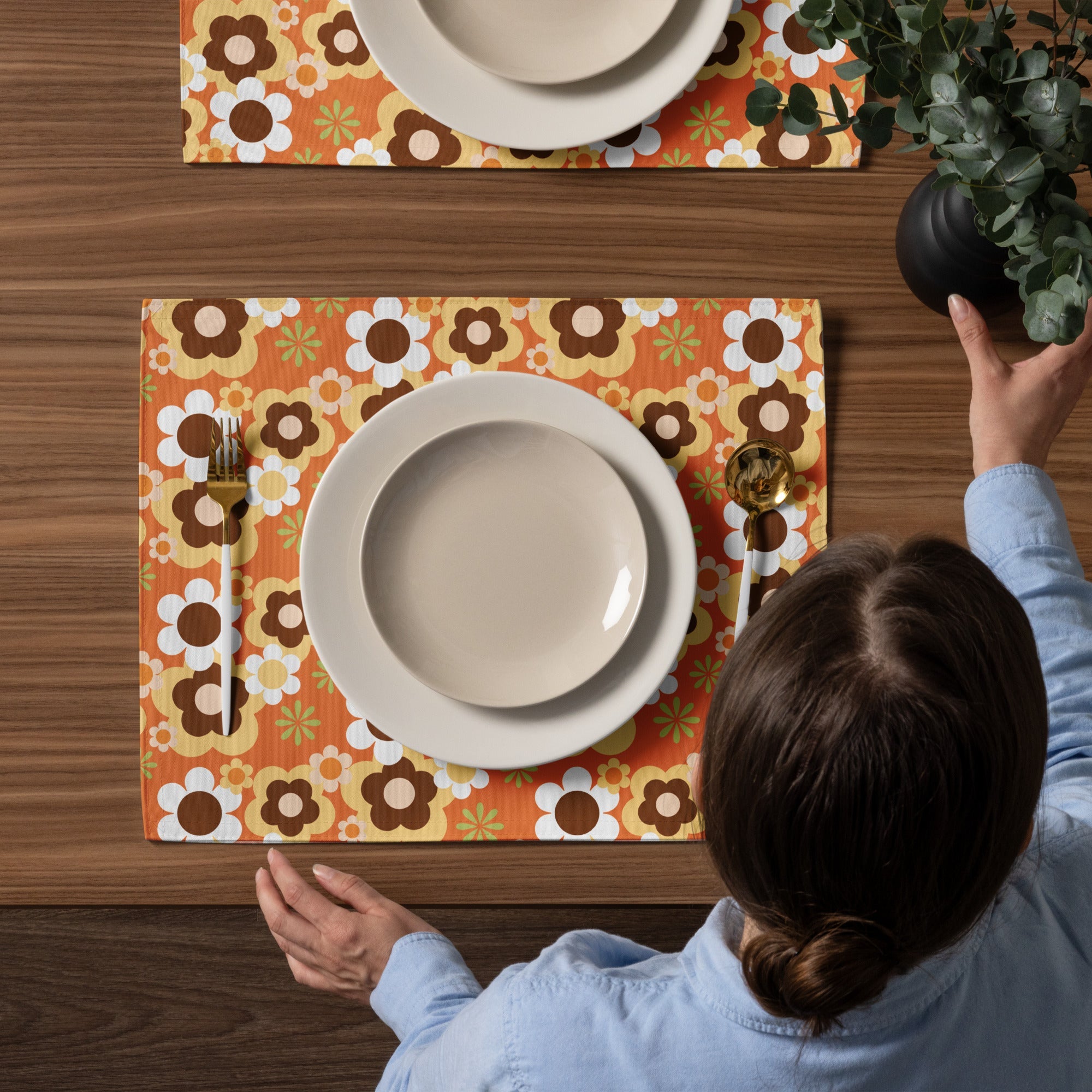 Kate McEnroe New York Groovy Flower Power Retro 70s Placemats Set of 4, Mid Century Modern Orange Green Brown Dining Table DecorPlacemats7907583_17484