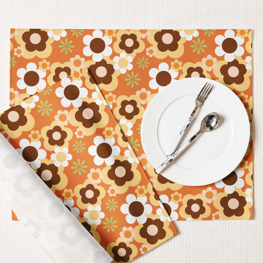 Kate McEnroe New York Groovy Flower Power Retro 70s Placemats Set of 4, Mid Century Modern Orange Green Brown Dining Table DecorPlacemats7907583_17484