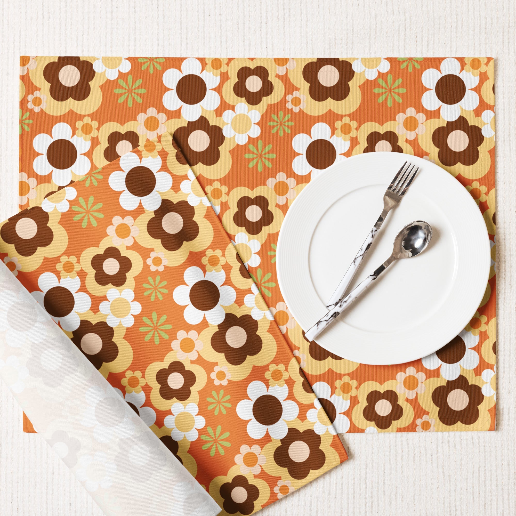 Kate McEnroe New York Groovy Flower Power Retro 70s Placemats Set of 4, Mid Century Modern Orange Green Brown Dining Table DecorPlacemats7907583_17484