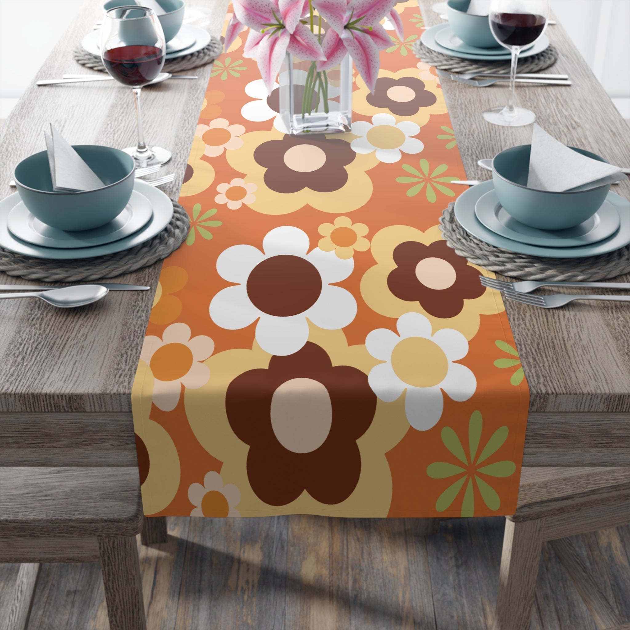 Kate McEnroe New York Groovy Flower Power Retro 70s Table Runner, Mid Century Modern Orange Green Brown Dining AccentTable Runners12617181063660468437